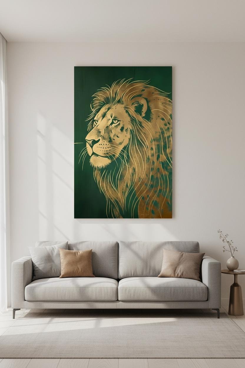 Art Deco Lion Print – Gold Foil Wall Art With Regal Green Decor & Metallic Accents