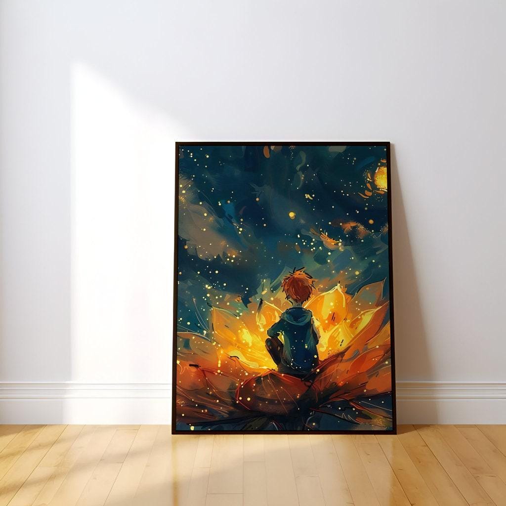 The Firefly Keeper: Magical Boy in a Field of Glowing Flowers | Enchanting Nursery & Kids Room Art