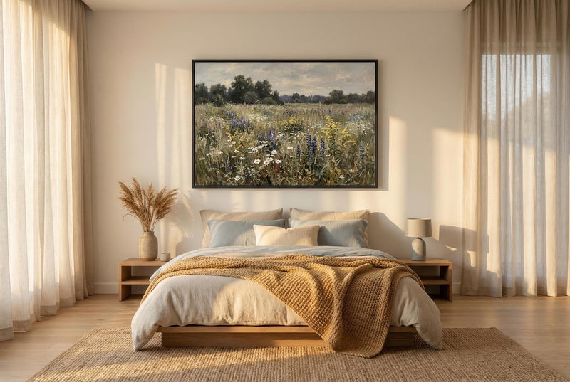 Vintage Wildflower Meadow Painting, Moody Cottagecore Landscape Art, Rustic Floral Farmhouse Decor