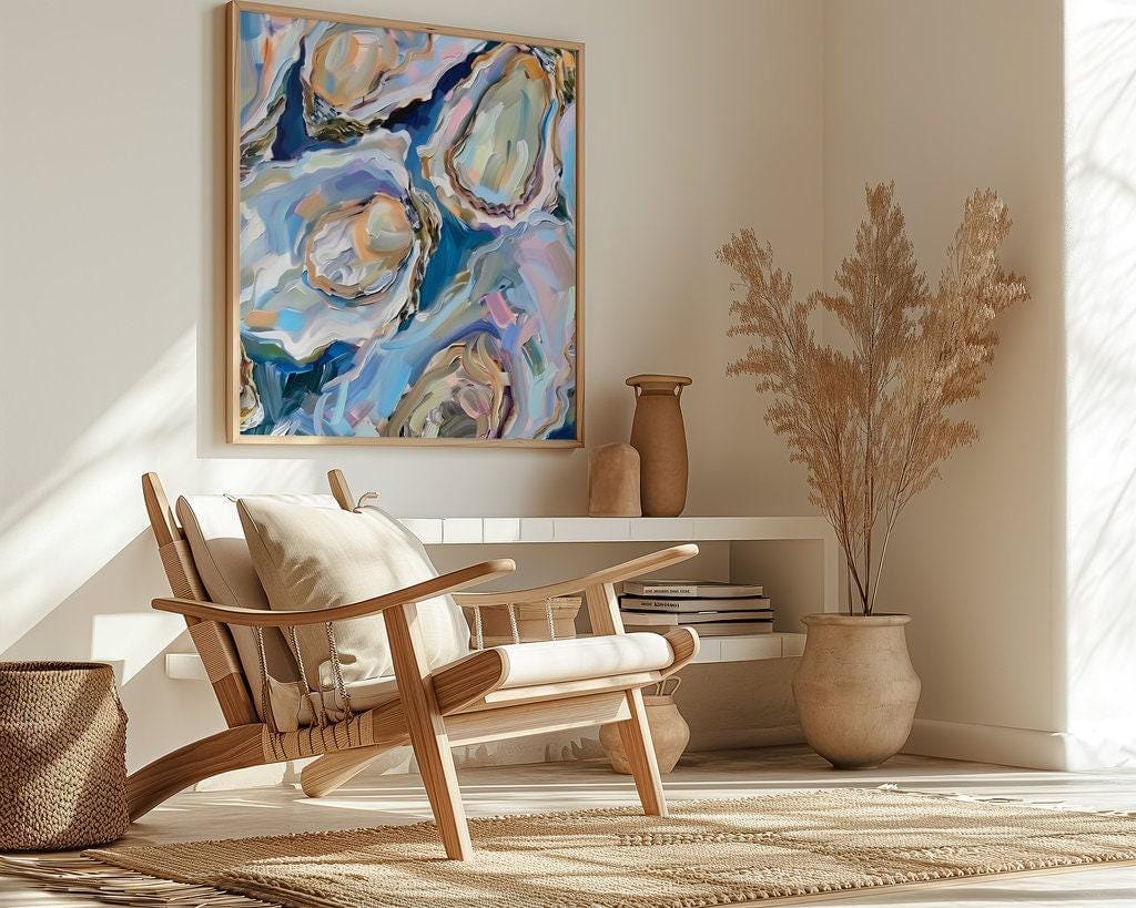 Oyster Delight Coastal Painting, Vibrant Blue (Canvas or Matte Print)