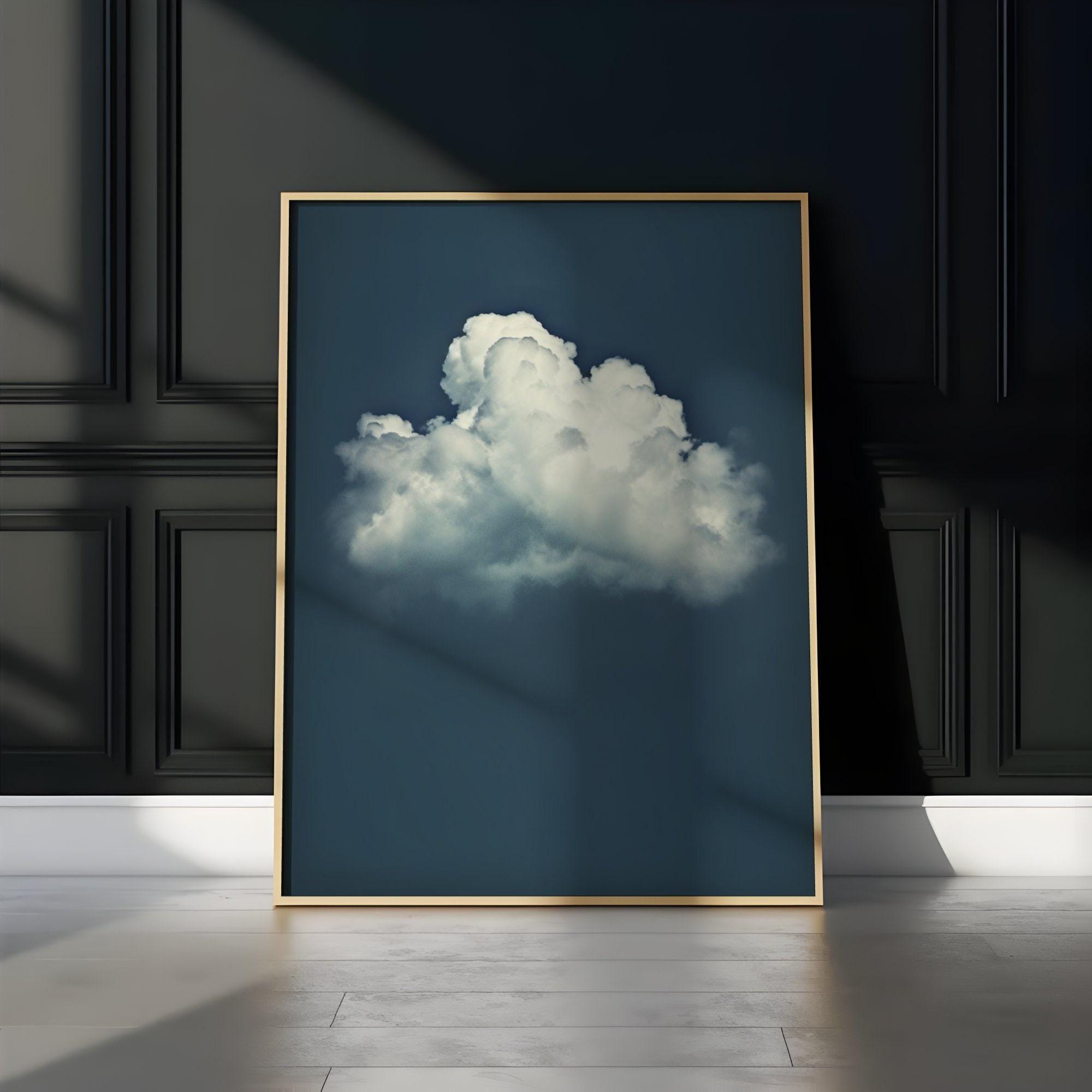 Moody Blue Sky Wall Art - Minimalist Solitary Cloud Print