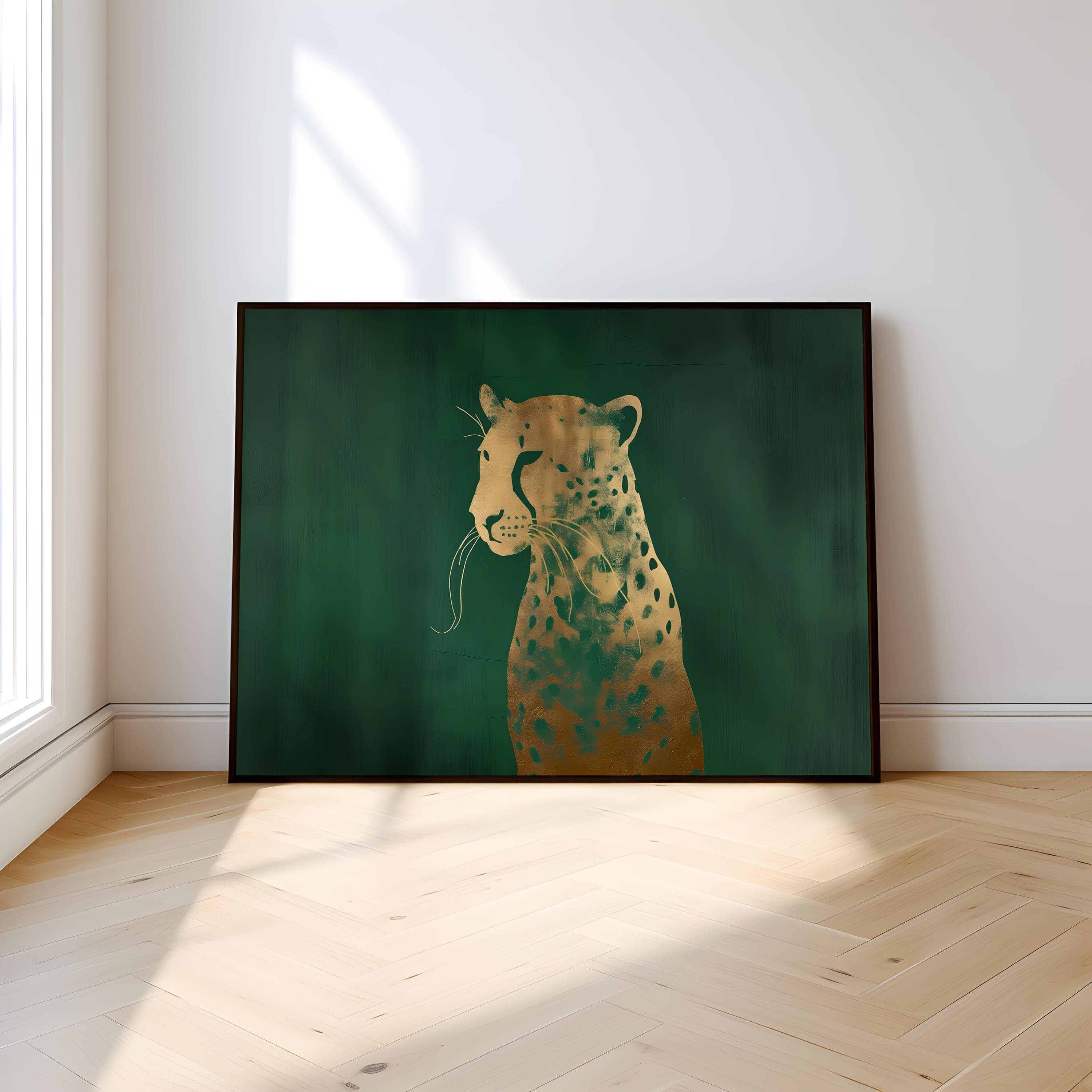 Emerald Green Leopard Canvas, Gold Accents (Ready to Hang)