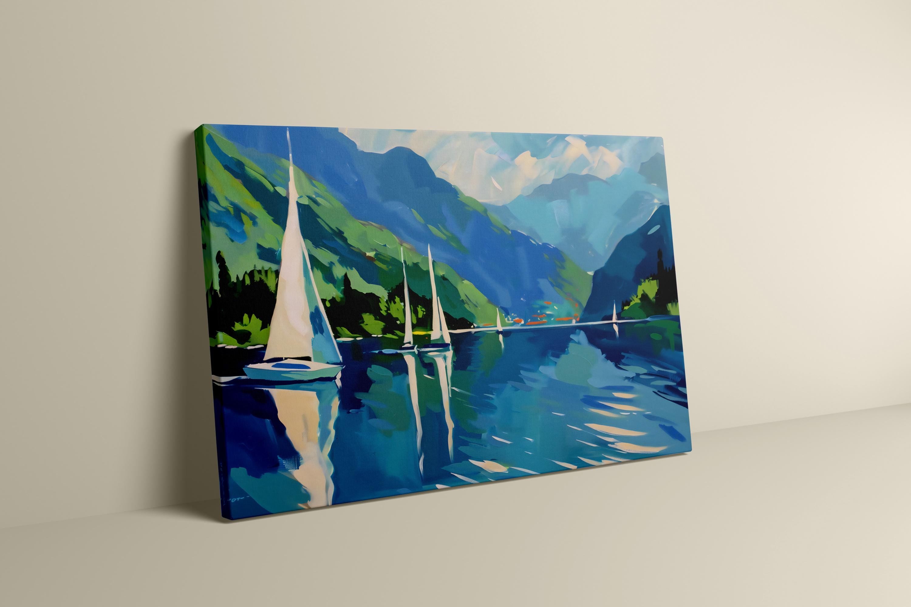 Mountain Lake Serenity: Tranquil Sailboat Canvas Art | Picturesque Blue & Green Landscape Decor