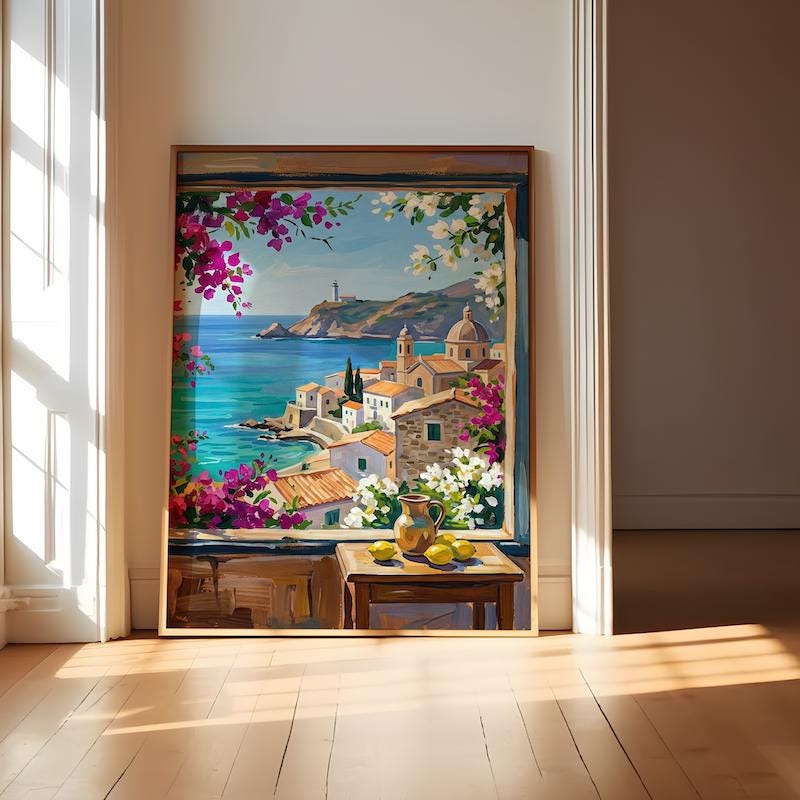Mediterranean Coastal Art: Blue Shutters and Sea View (Canvas or Paper)