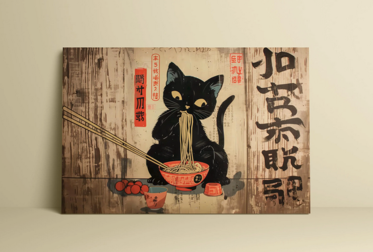 A black cat sitting in a bowl of noodles, surrounded by chopsticks and other food items, with Japanese text and symbols in the background.