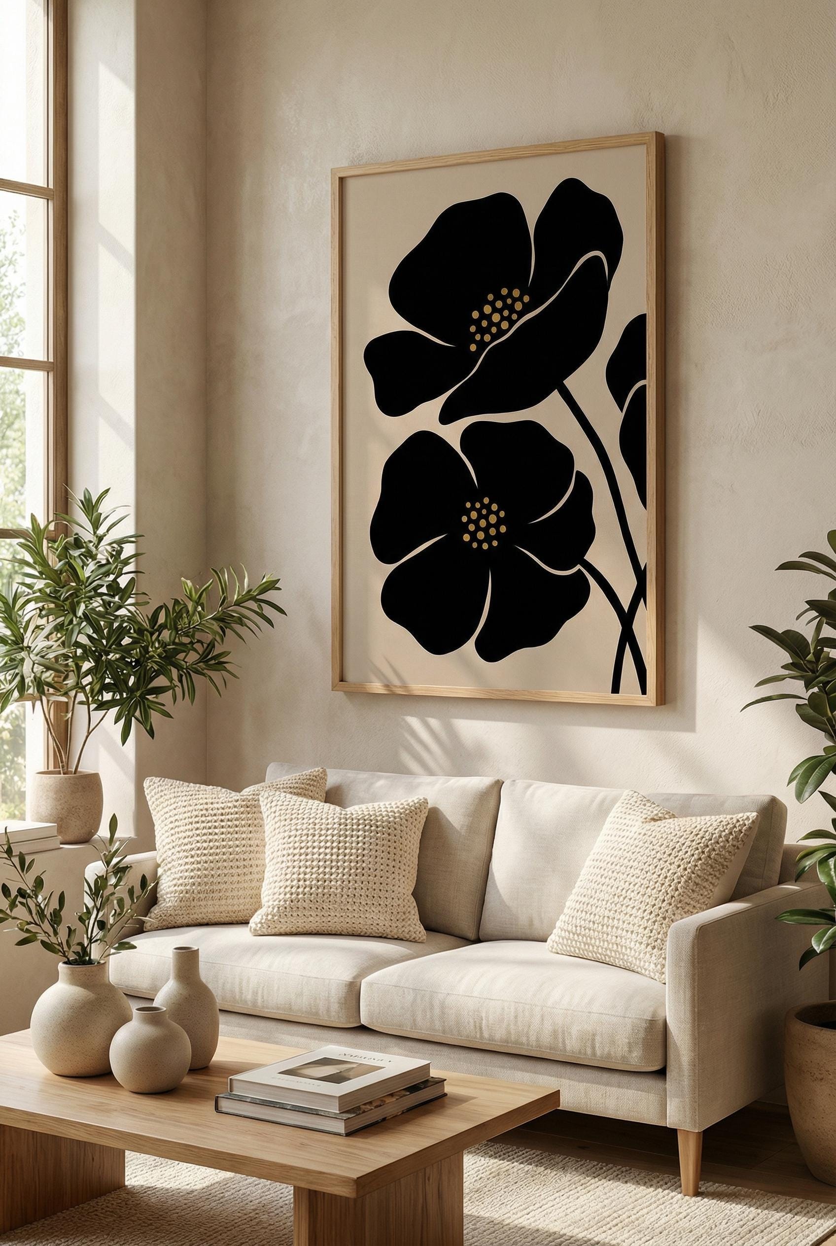Minimalist Black Flowers Wall Art - Simple Floral Design