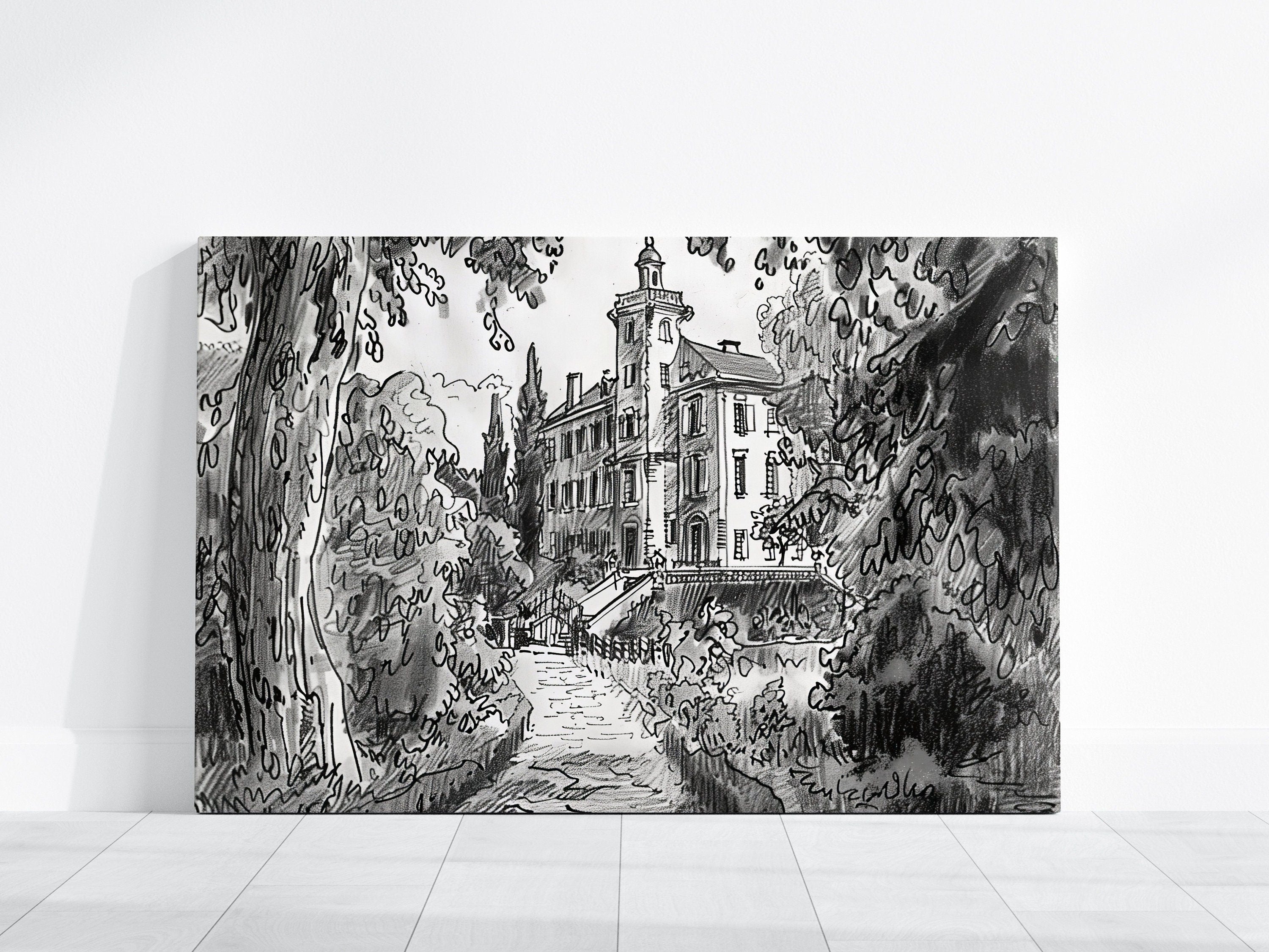 Timeless Elegance: Stately Manor House Ink Drawing | Classic Architectural Wall Art