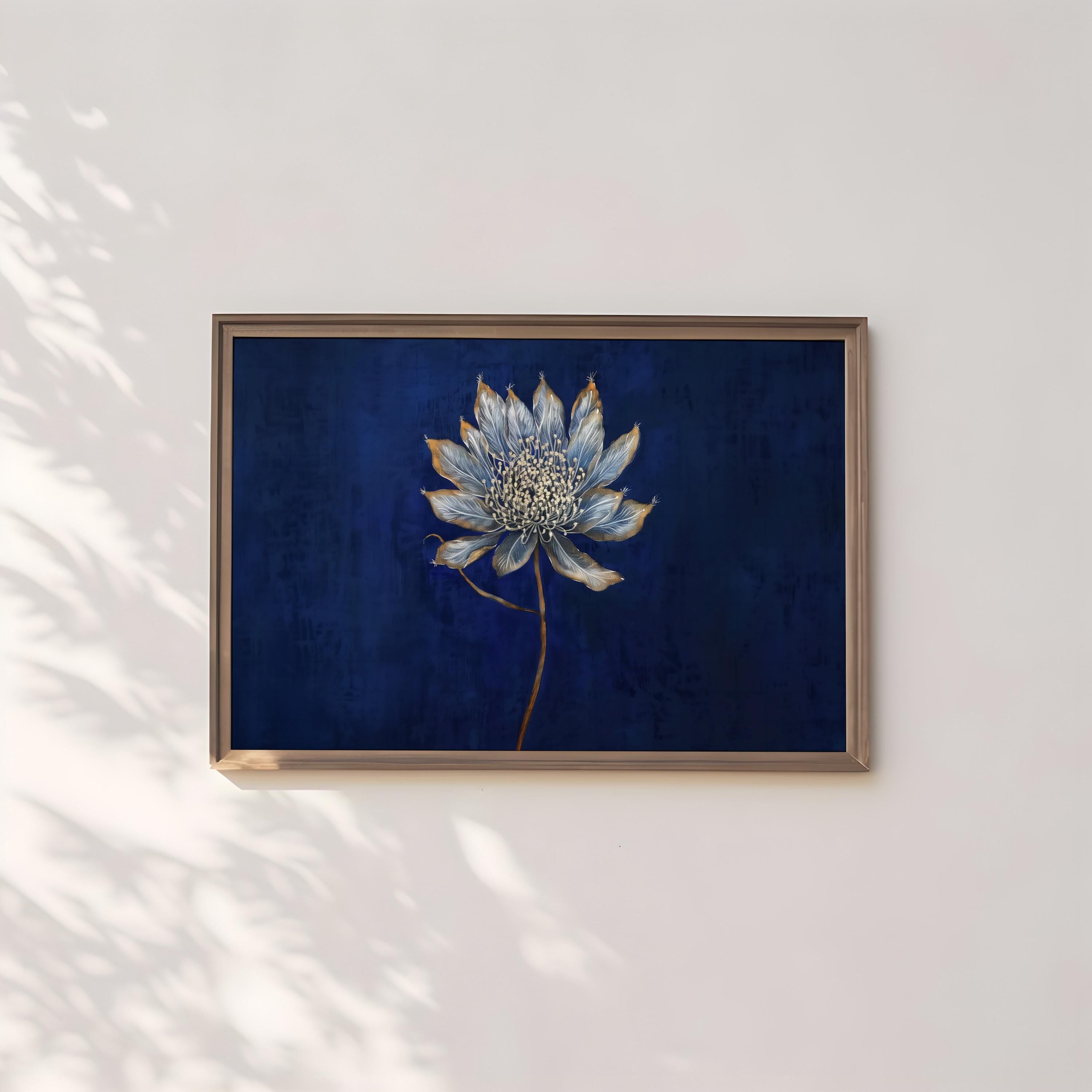 Modern Minimalist Flower: Elegant Gray & White Botanical Art | Deep Blue Wall Decor