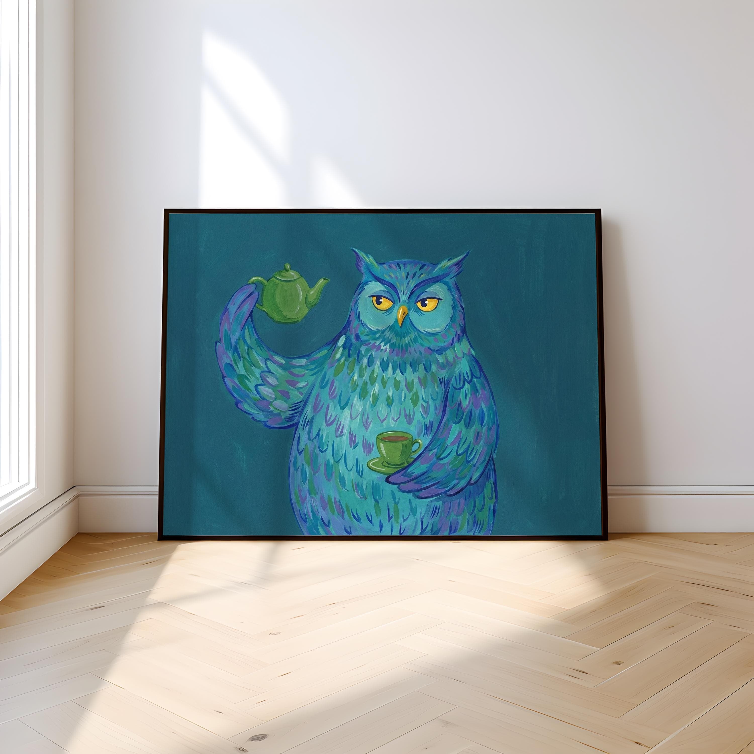 Funny Blue Owl Art Print: Whimsical Tea Time Kitchen Decor