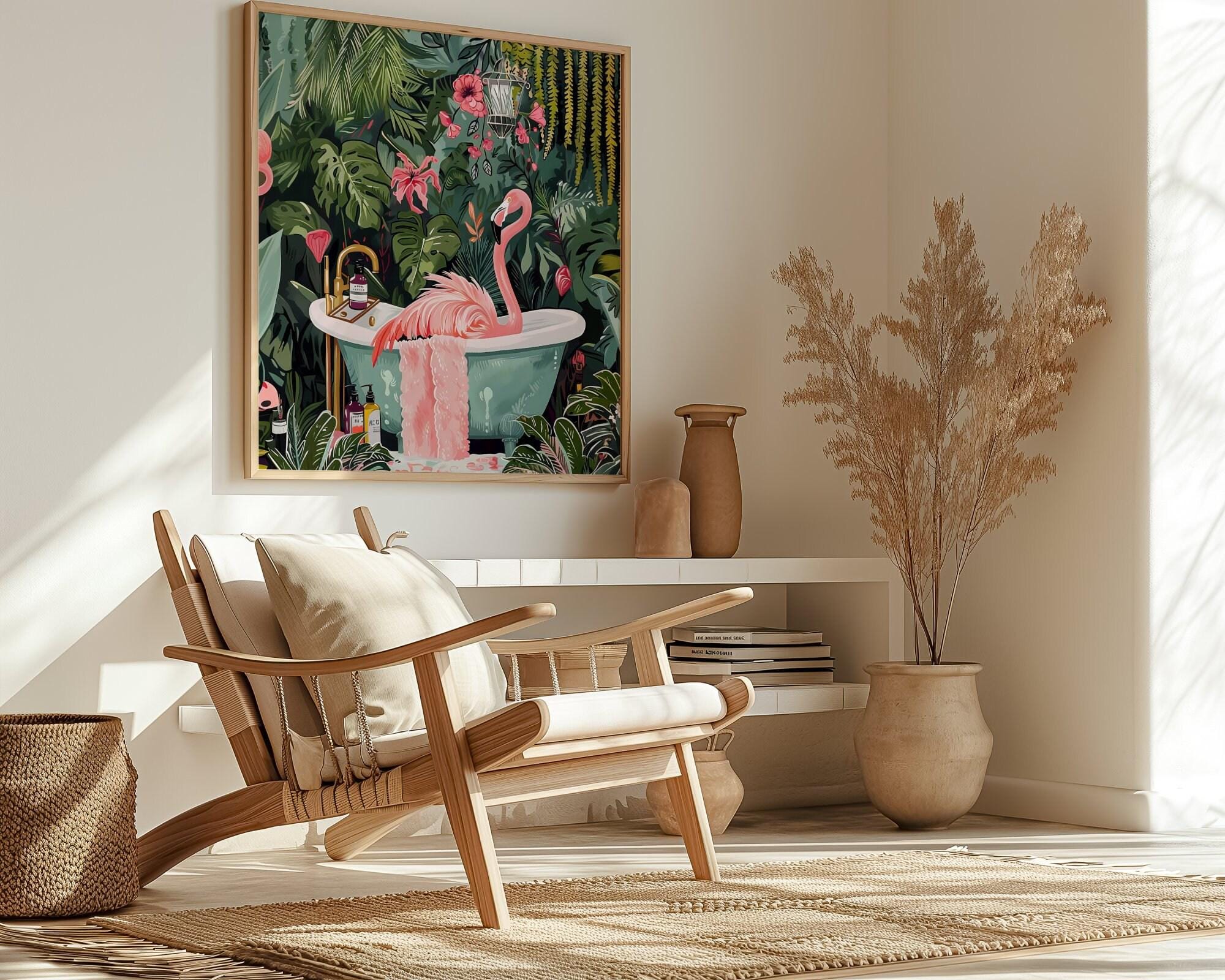 The Jungle Oasis: Whimsical Flamingo in Bathtub Art | Playful & Eclectic Bathroom Decor