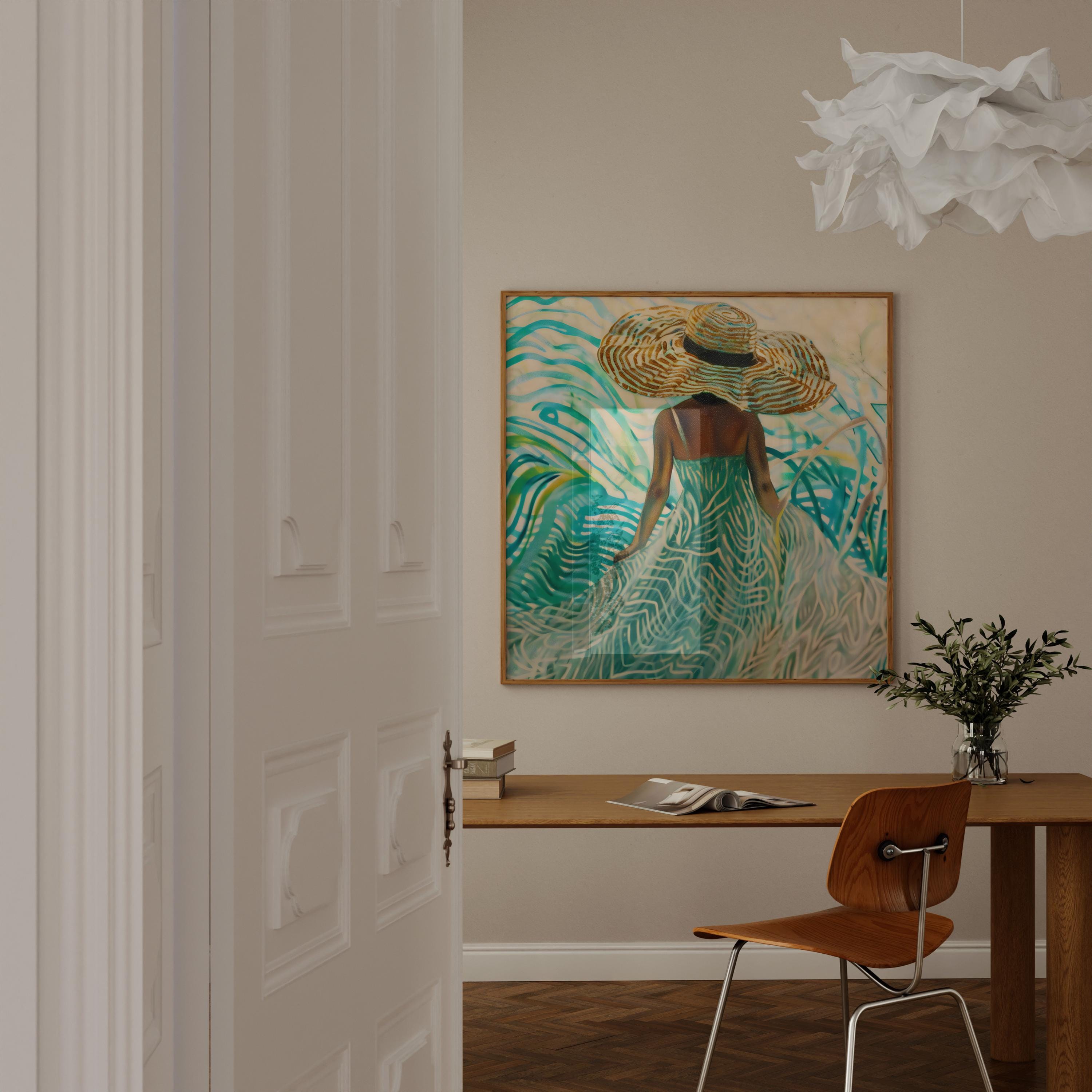 The Dreamer's Path: Surreal Woman in Hat in a Swirling Tropical Landscape | Vibrant & Abstract Wall Art