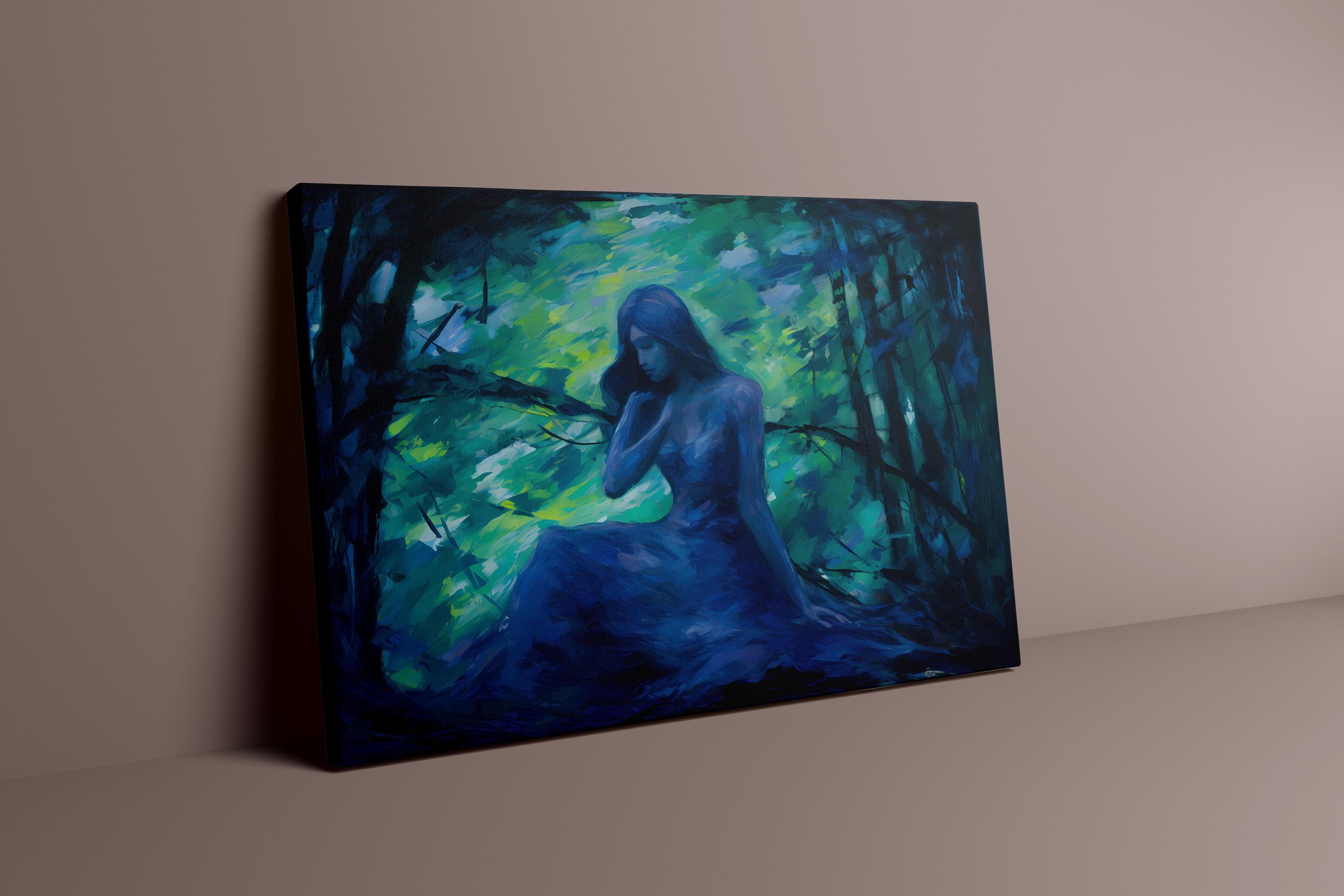 Emerald Forest Whispers: Mystical Impressionist Art Print | Ethereal Blue & Green Framed Wall Decor