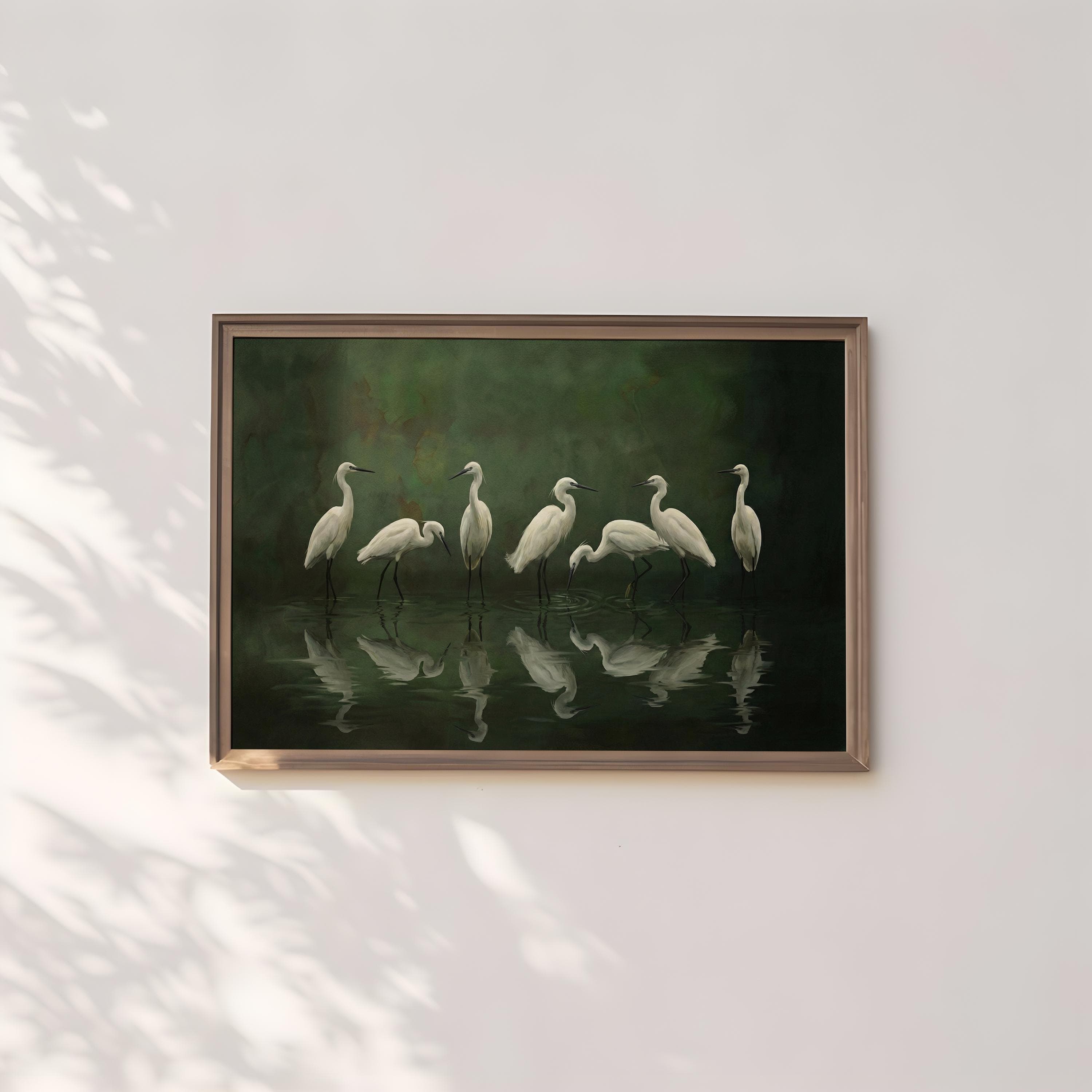 Nature Canvas Art, White Egret and Heron, Moody Green Swamp (Framed or Rolled)