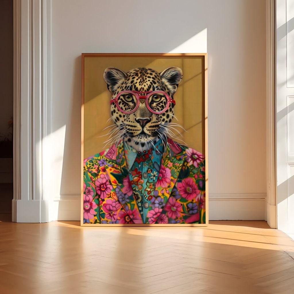 The Fashionista: Chic Leopard in Pink Glasses & Floral Jacket | Vibrant & Modern Animal Print Decor
