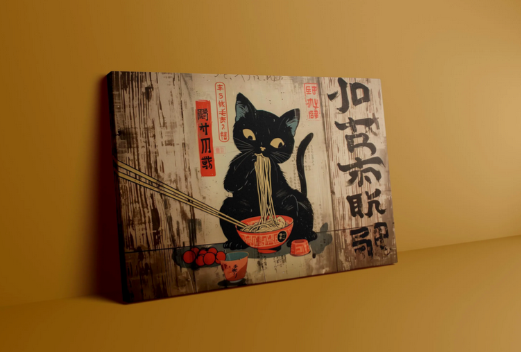 A black cat is depicted eating noodles from a bowl, with chopsticks and a plate of food in the background. The image also includes Japanese text and symbols.