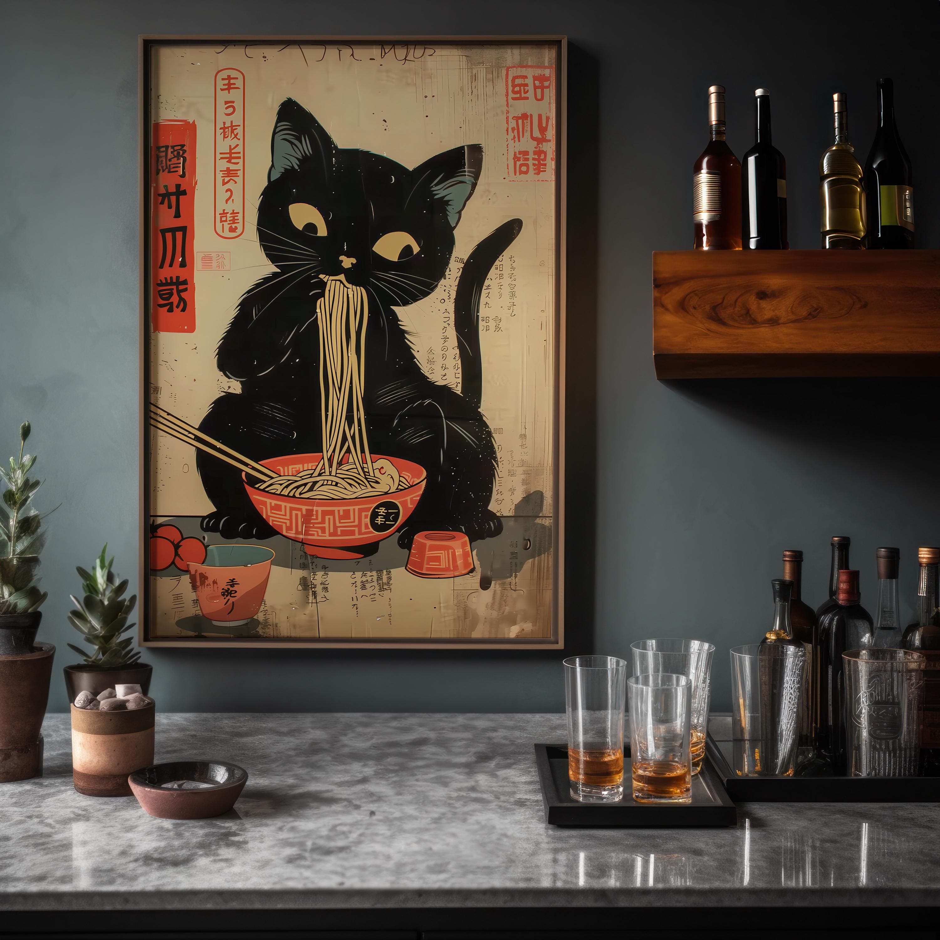 Whimsical Black Cat Ramen Art - Cozy Japanese Edo Decor