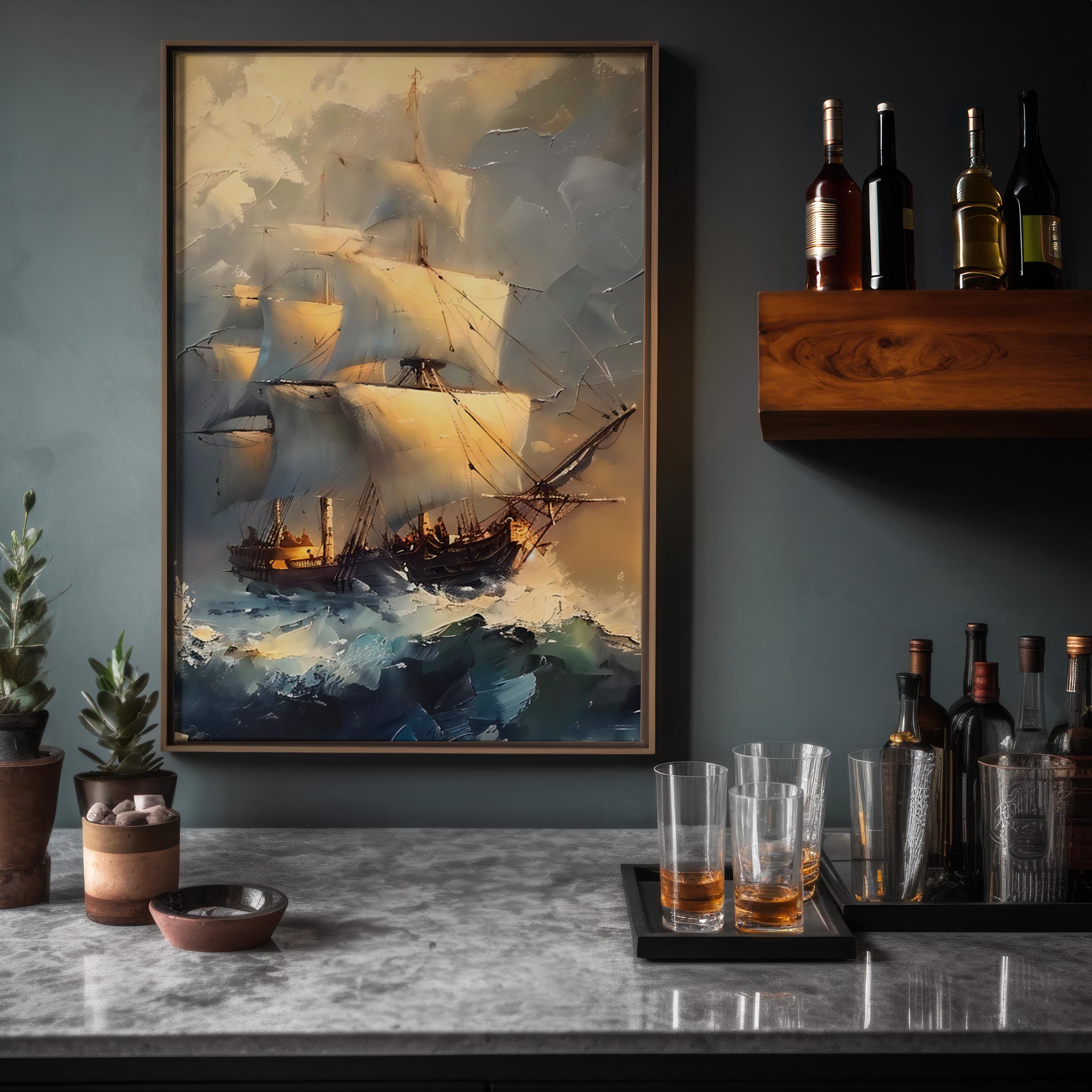 The Unconquered: Classical Stormy Sea Ship Painting | Dramatic Nautical Adventure Art