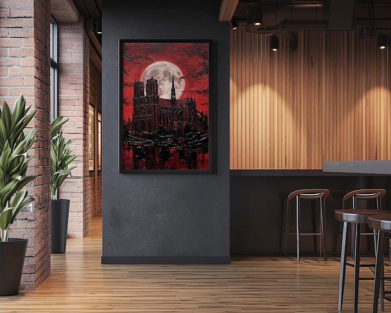 Gothic Cathedral Canvas Print, Blood Moon Cityscape (Dark Fantasy Decor)