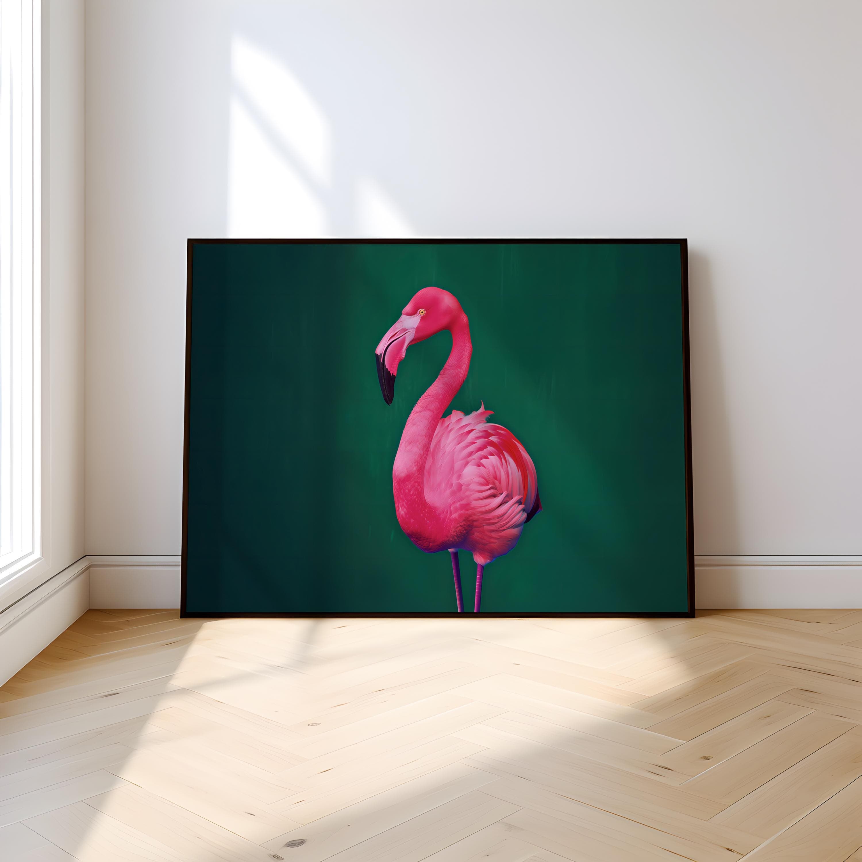 Bright Pink Flamingo Wall Art - Neon Colors with Emerald Green Background