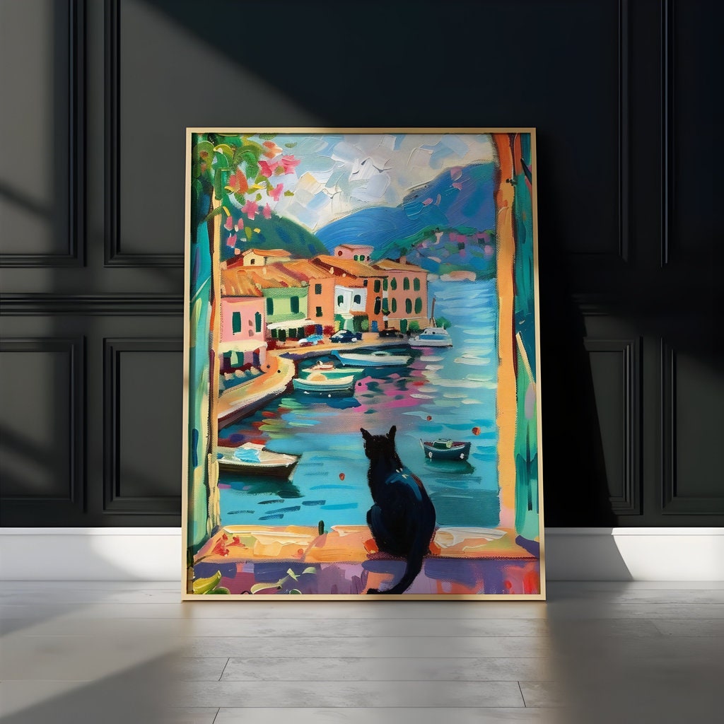 Coastal Town Wall Art: Black Cat, Vibrant Colors, Framed Canvas