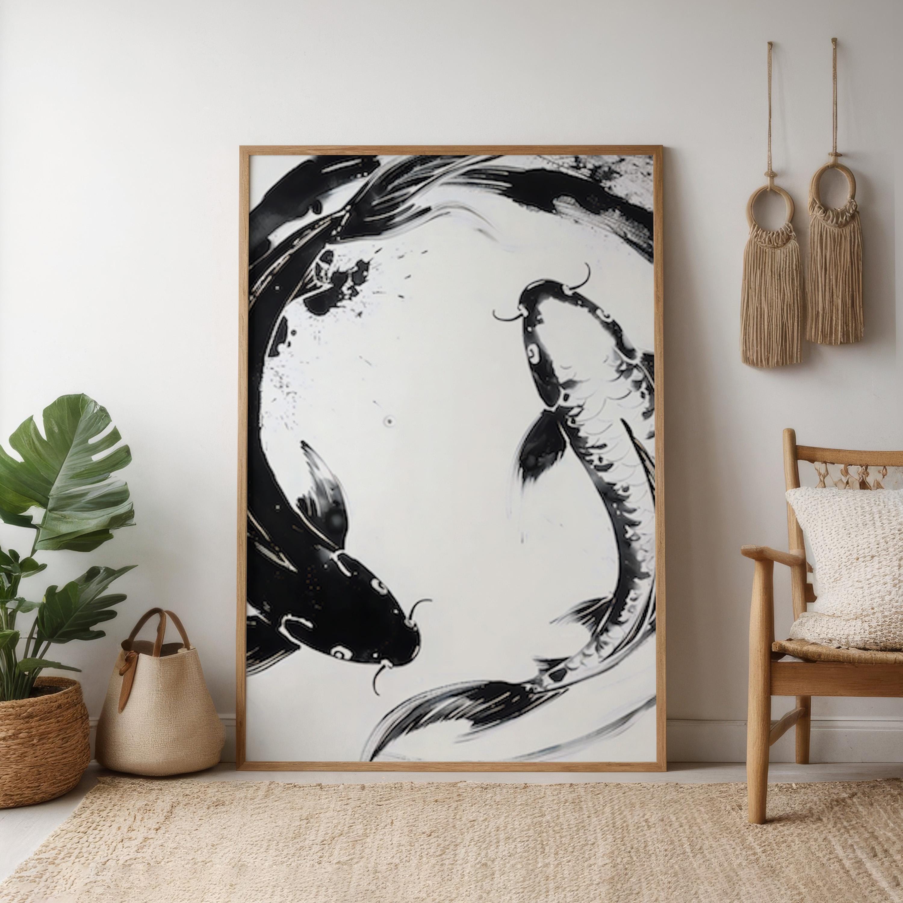 The Dance of Two: Abstract Black & White Koi Fish Art | Modern & Serene Wall Decor