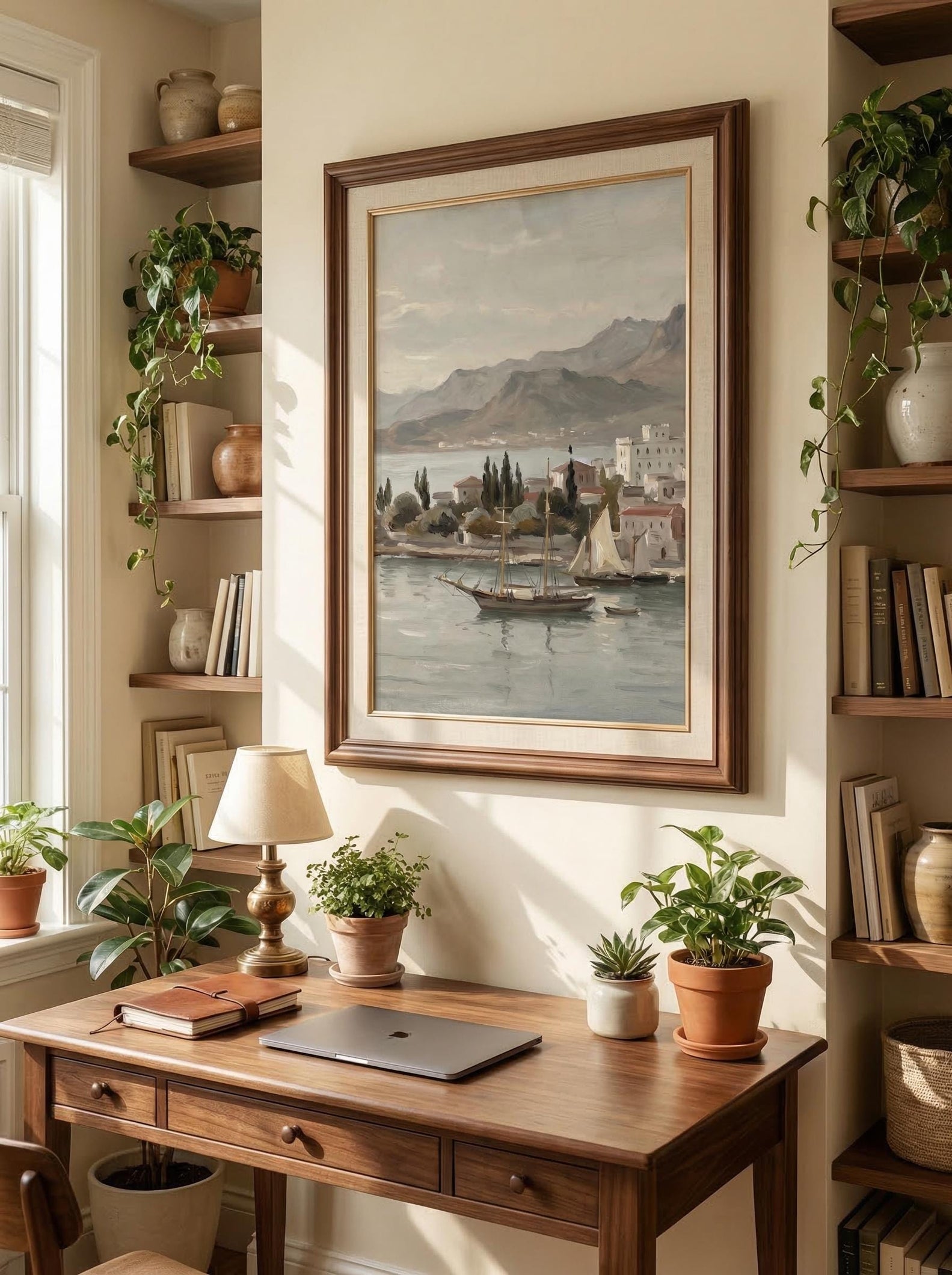 Vintage Seaside Village Painting, Coastal Wall Art, Neutral Mediterranean Print, Sailboat Decor