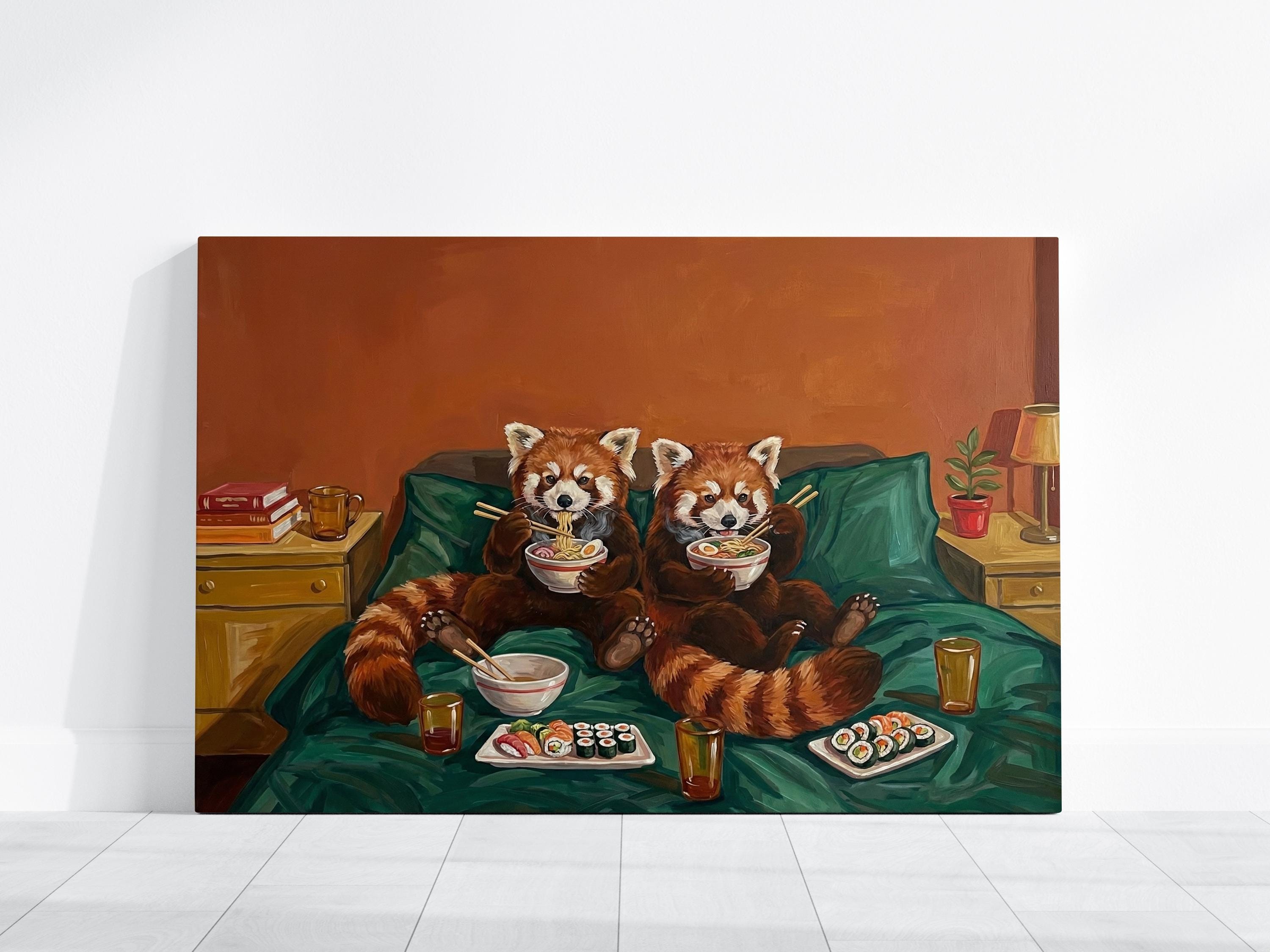 Funny Red Panda Wall Art: Cute Sushi Date - Cozy Kitchen Decor