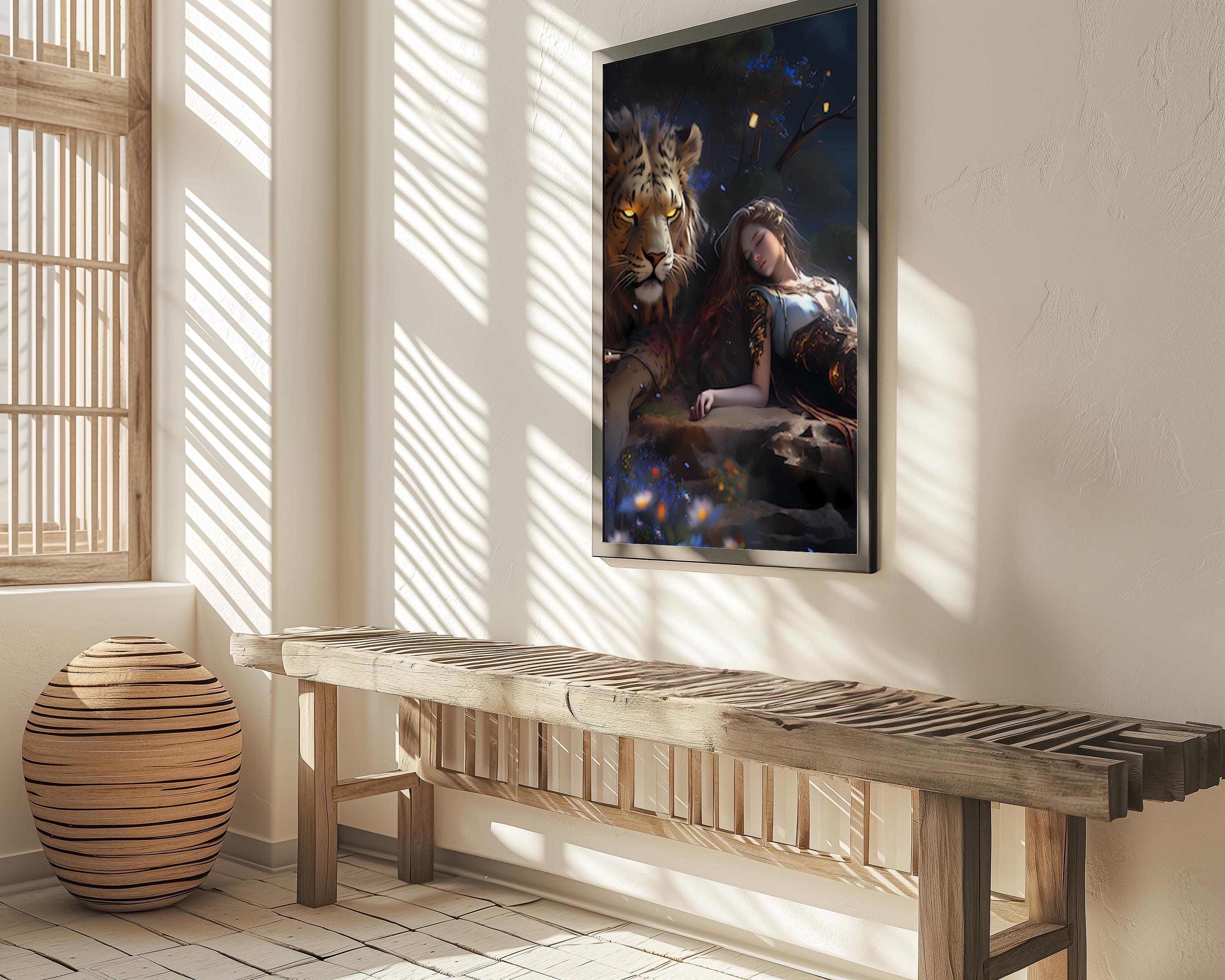 The Dream Guardian: Surreal Lion & Sleeping Woman Art | Mystical & Serene Wall Decor