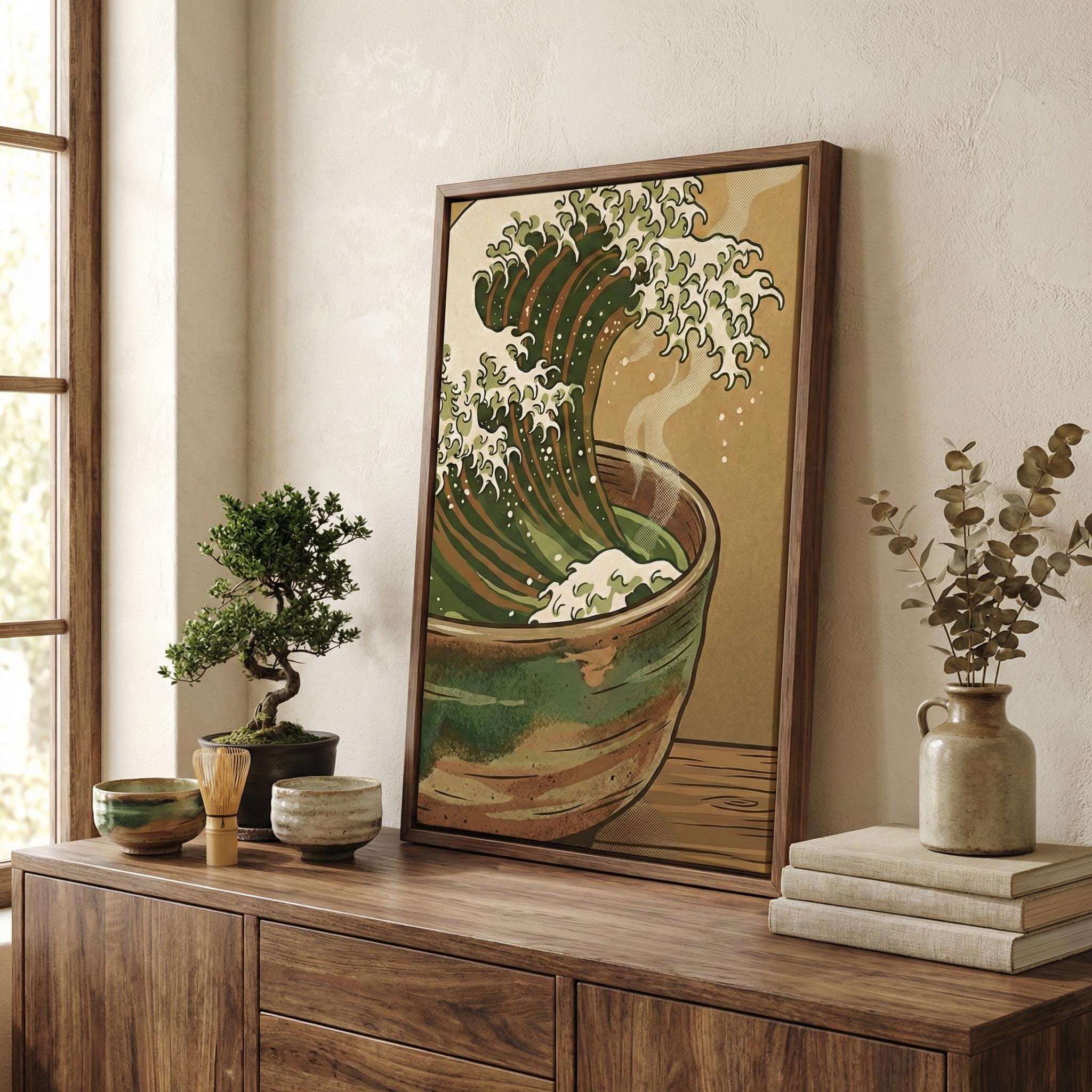 Great Wave Tea Cup Art - Surreal Matcha Print in Sea Foam Green