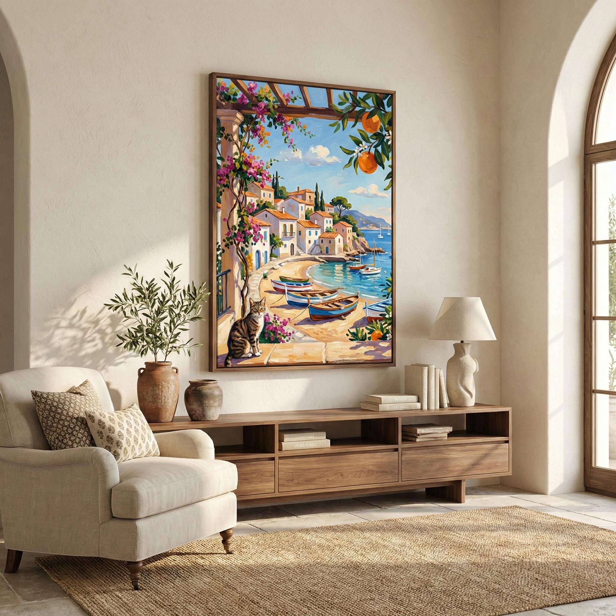 Italian Coastal Wall Art: Mediterranean View with Cat - Vibrant Colors