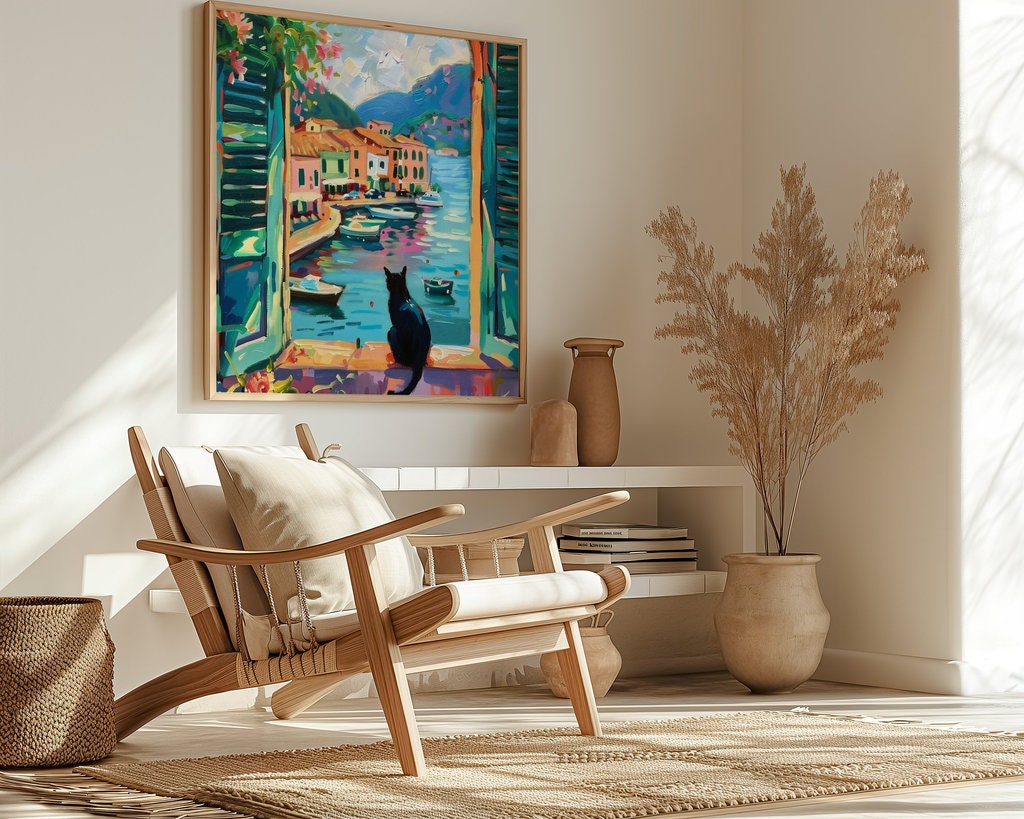Coastal Town Wall Art: Black Cat, Vibrant Colors, Framed Canvas