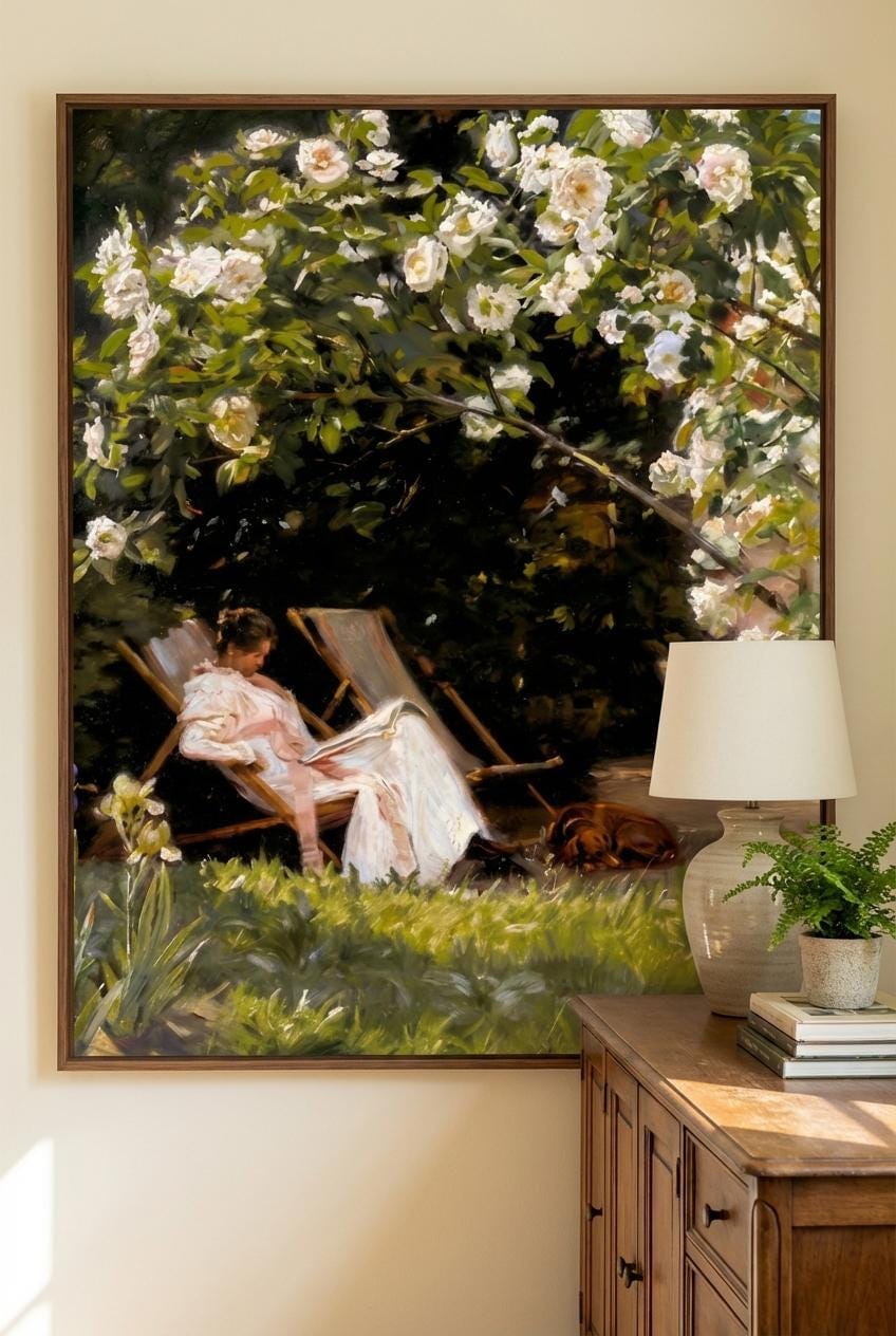Serene Garden Wall Art Print: Woman Reading with Dog in Summer