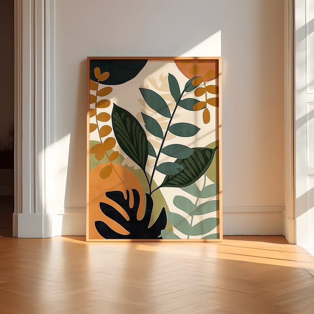 Boho Tropical Leaves Canvas, Mid-Century Modern Style (Ready to Hang)