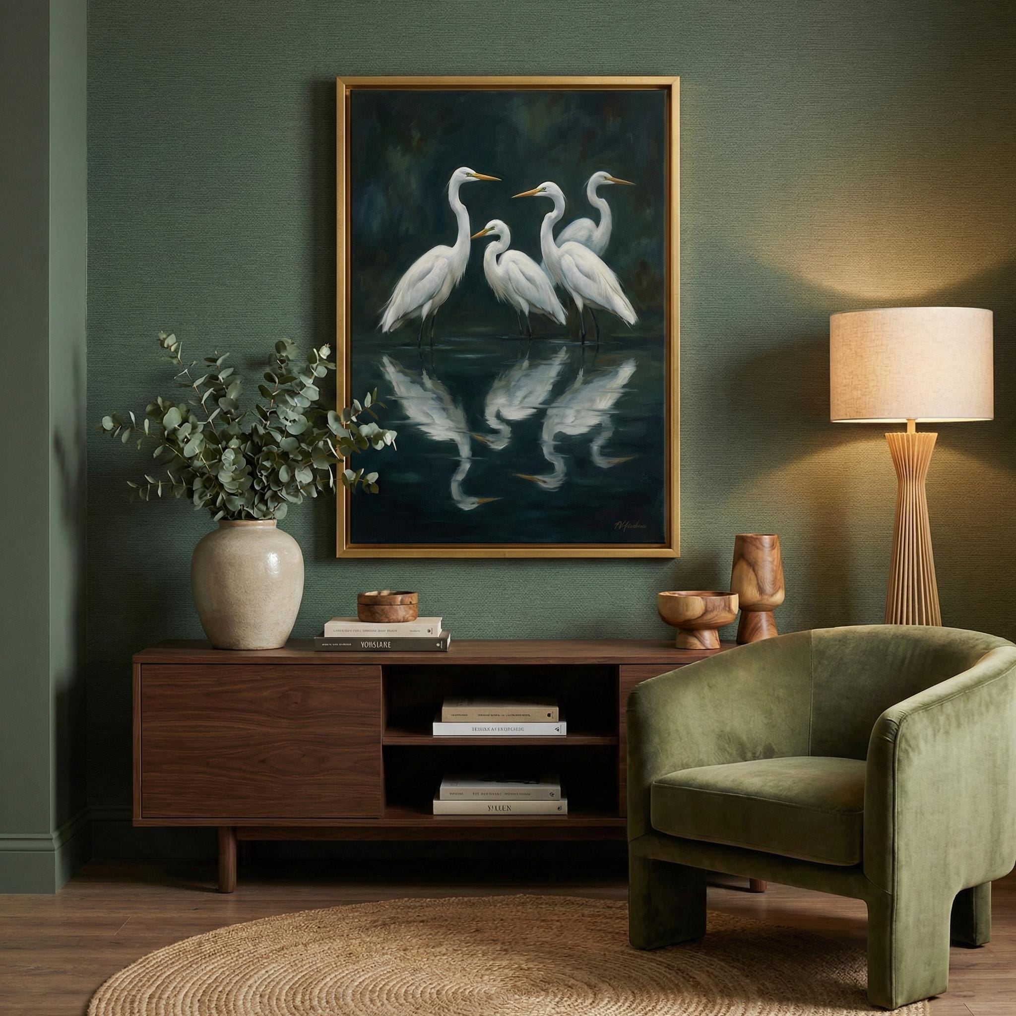 Nature Canvas Art, White Egret and Heron, Moody Green Swamp (Framed or Rolled)
