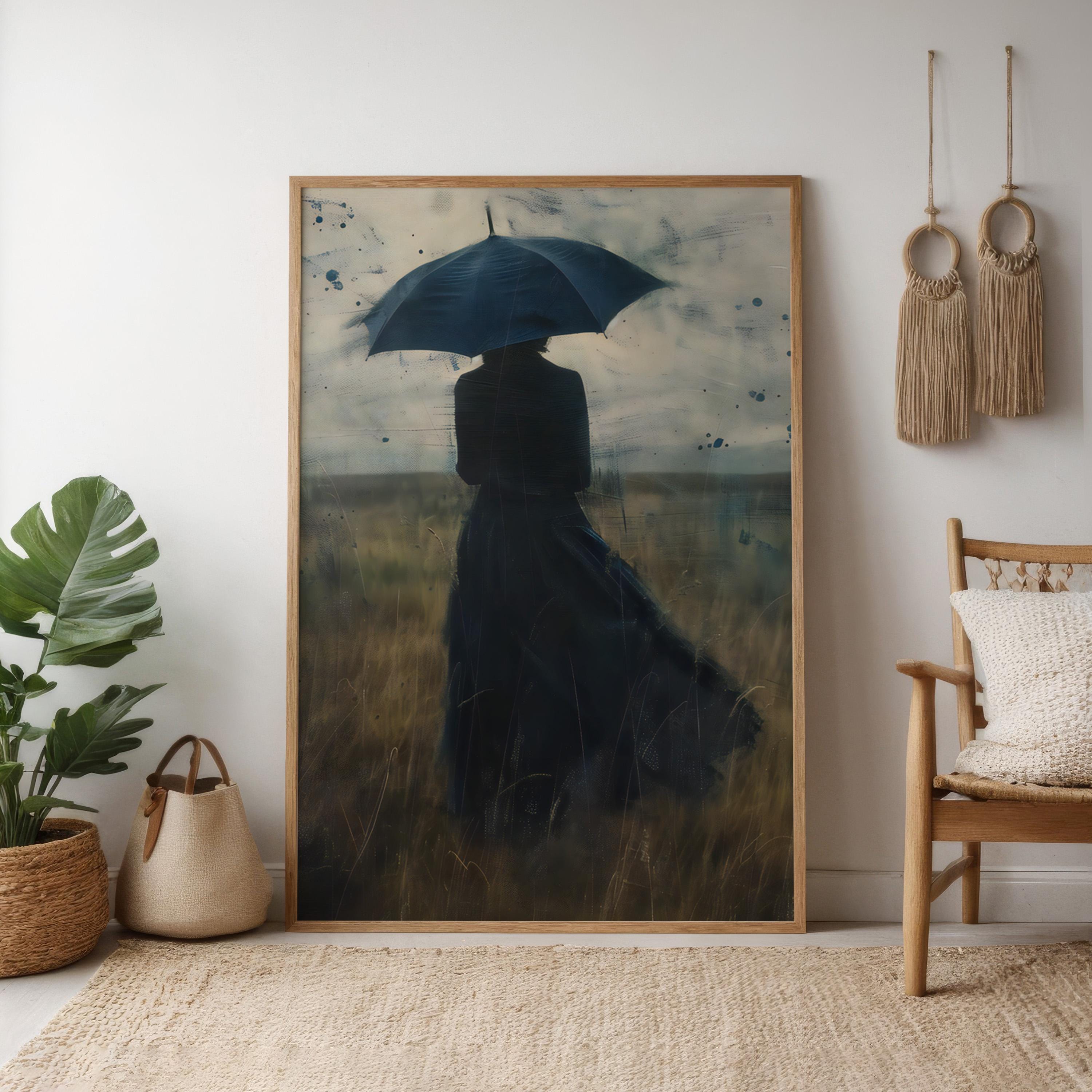 Melancholy Rain: Atmospheric Woman with Umbrella Canvas Art | Contemplative & Moody Wall Decor