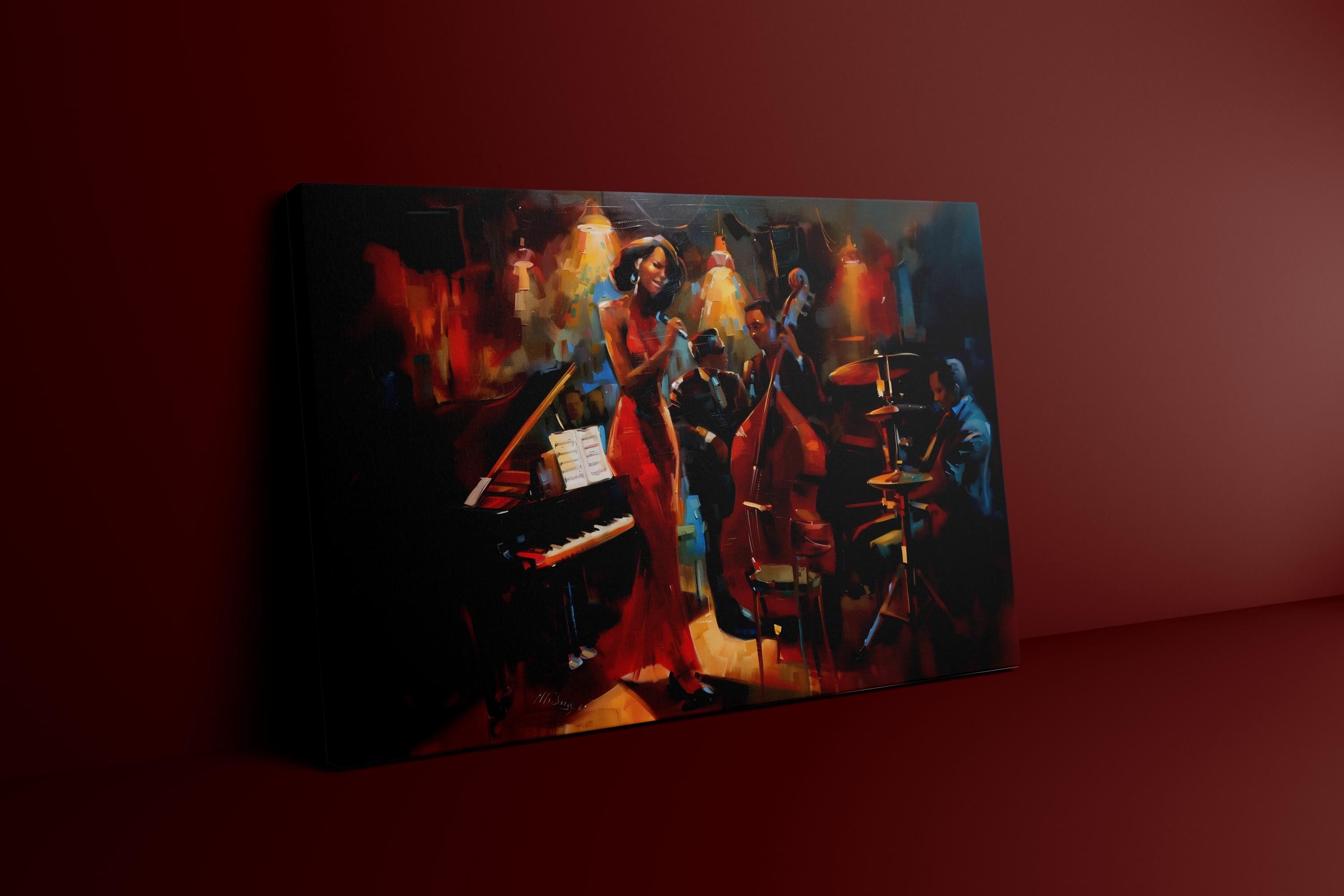 Jazz Club Serenade: Woman in Red Dress with Band Art | Soulful & Vibrant Music Decor