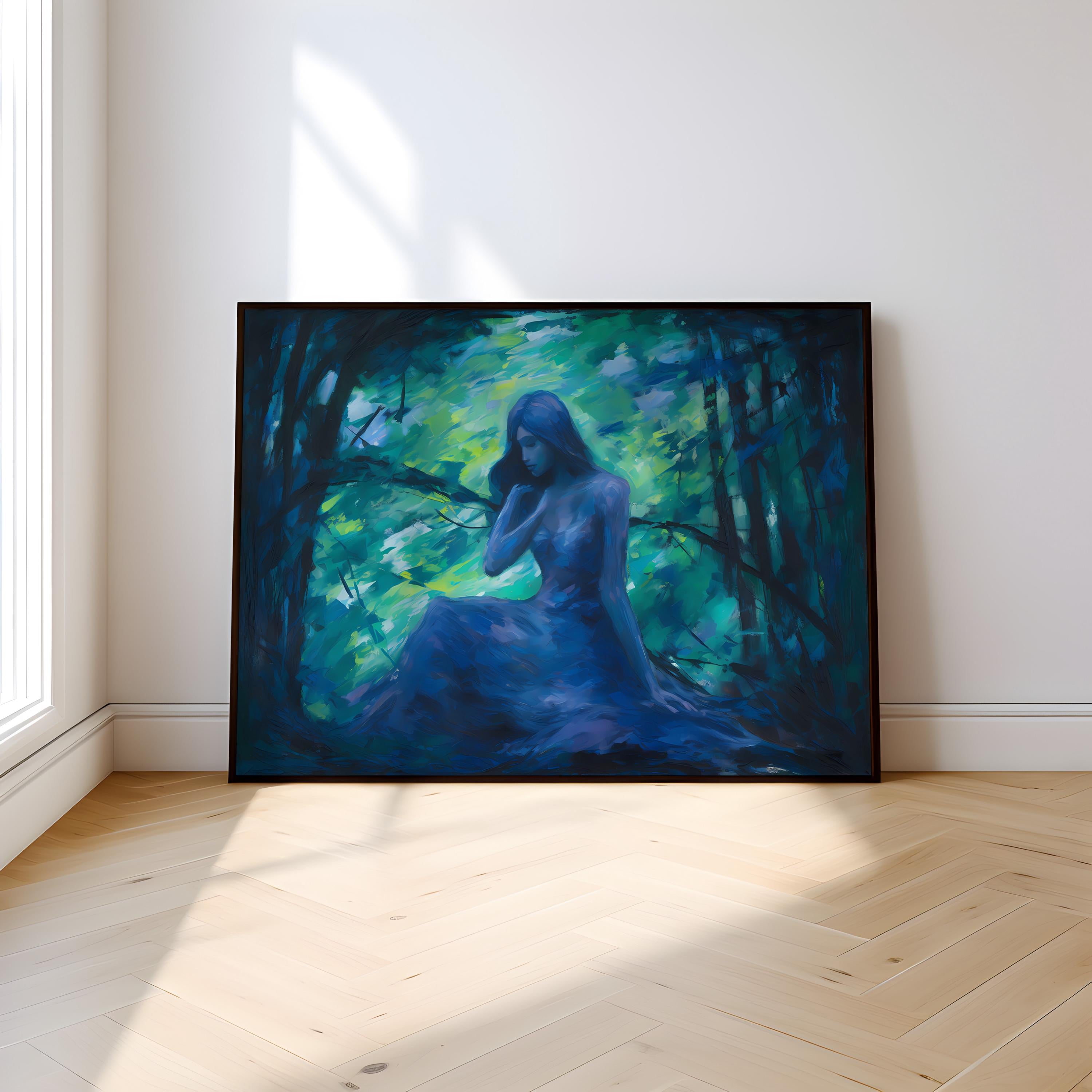 Emerald Forest Whispers: Mystical Impressionist Art Print | Ethereal Blue & Green Framed Wall Decor