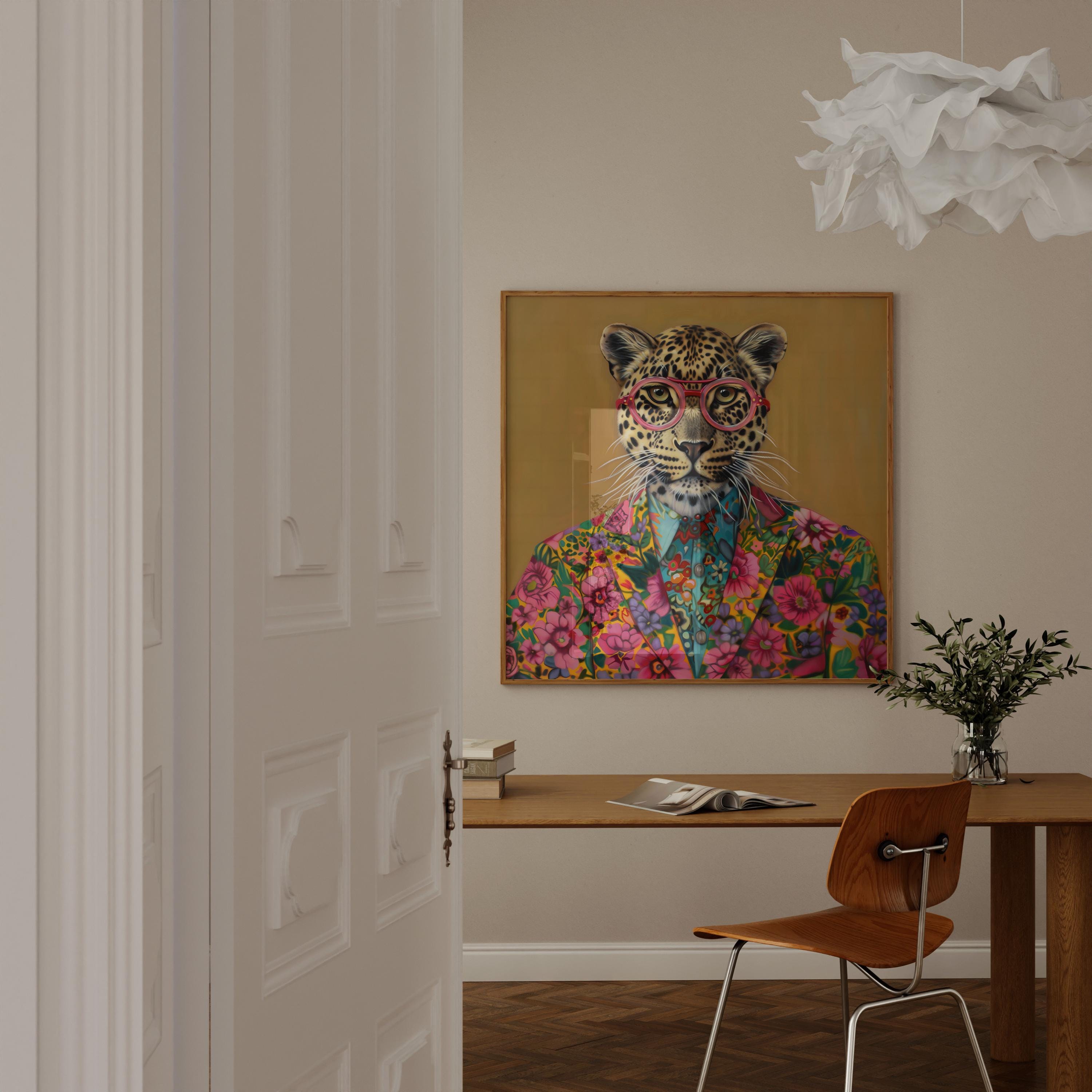 The Fashionista: Chic Leopard in Pink Glasses & Floral Jacket | Vibrant & Modern Animal Print Decor