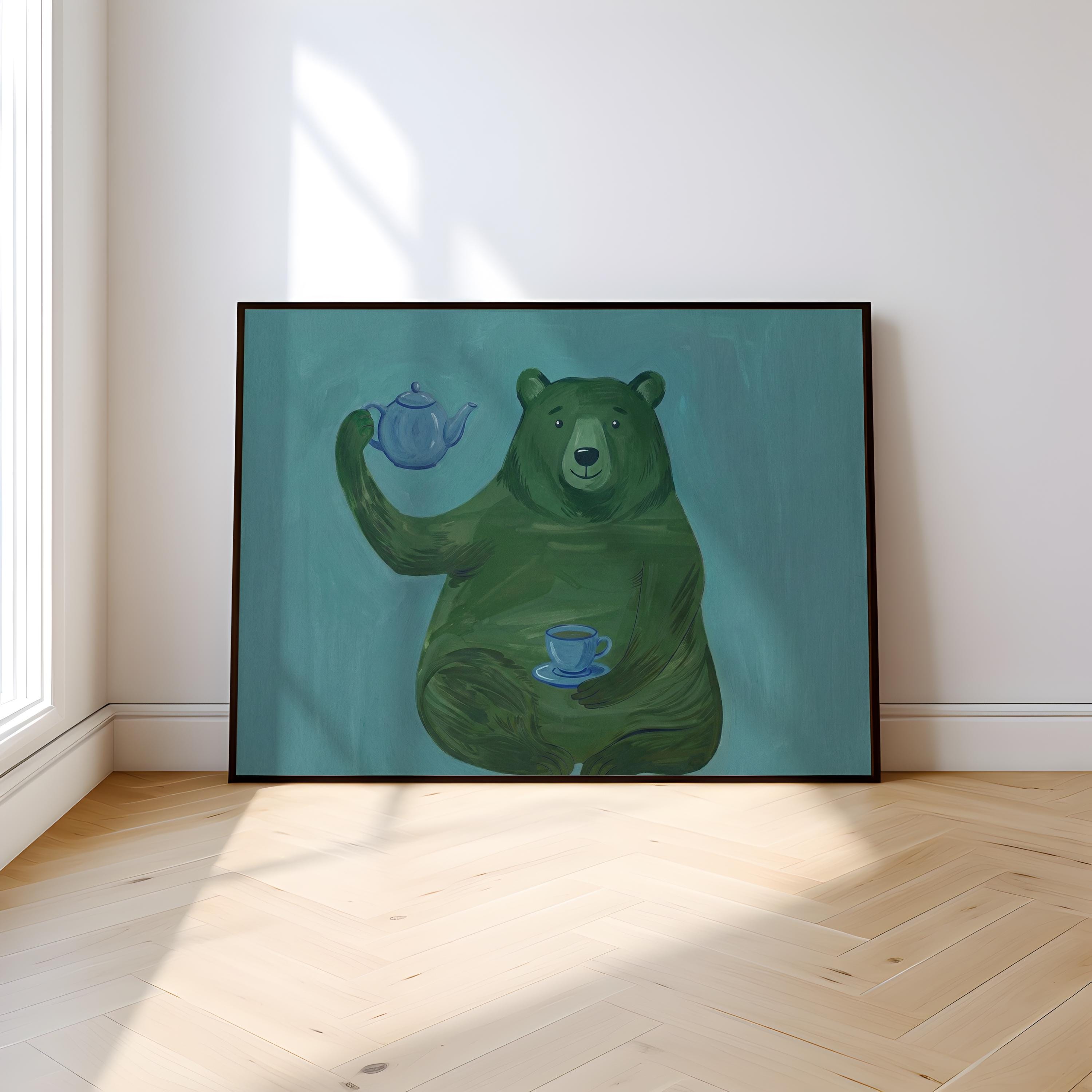 Whimsical Green Bear Wall Art - Playful Tea Party Illustration