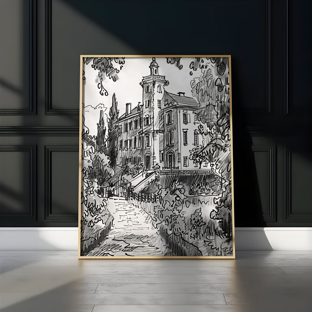 Timeless Elegance: Stately Manor House Ink Drawing | Classic Architectural Wall Art