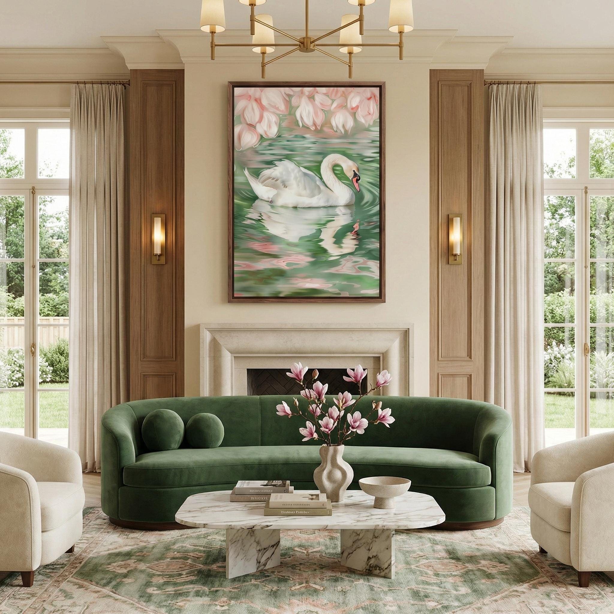 Swan Wall Art: Soft Pink Green Illustration - Calm Nature Scene