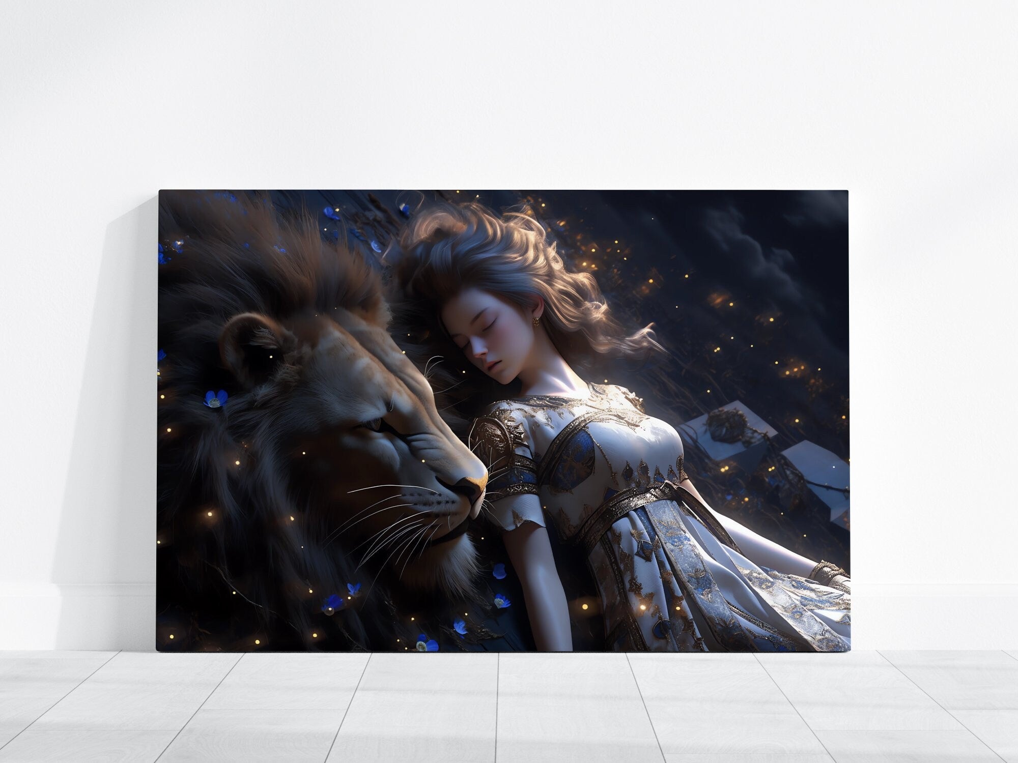 The Moonlit Guardian: Surreal Lion and Woman Art | Mystical & Serene Dreamscape Decor