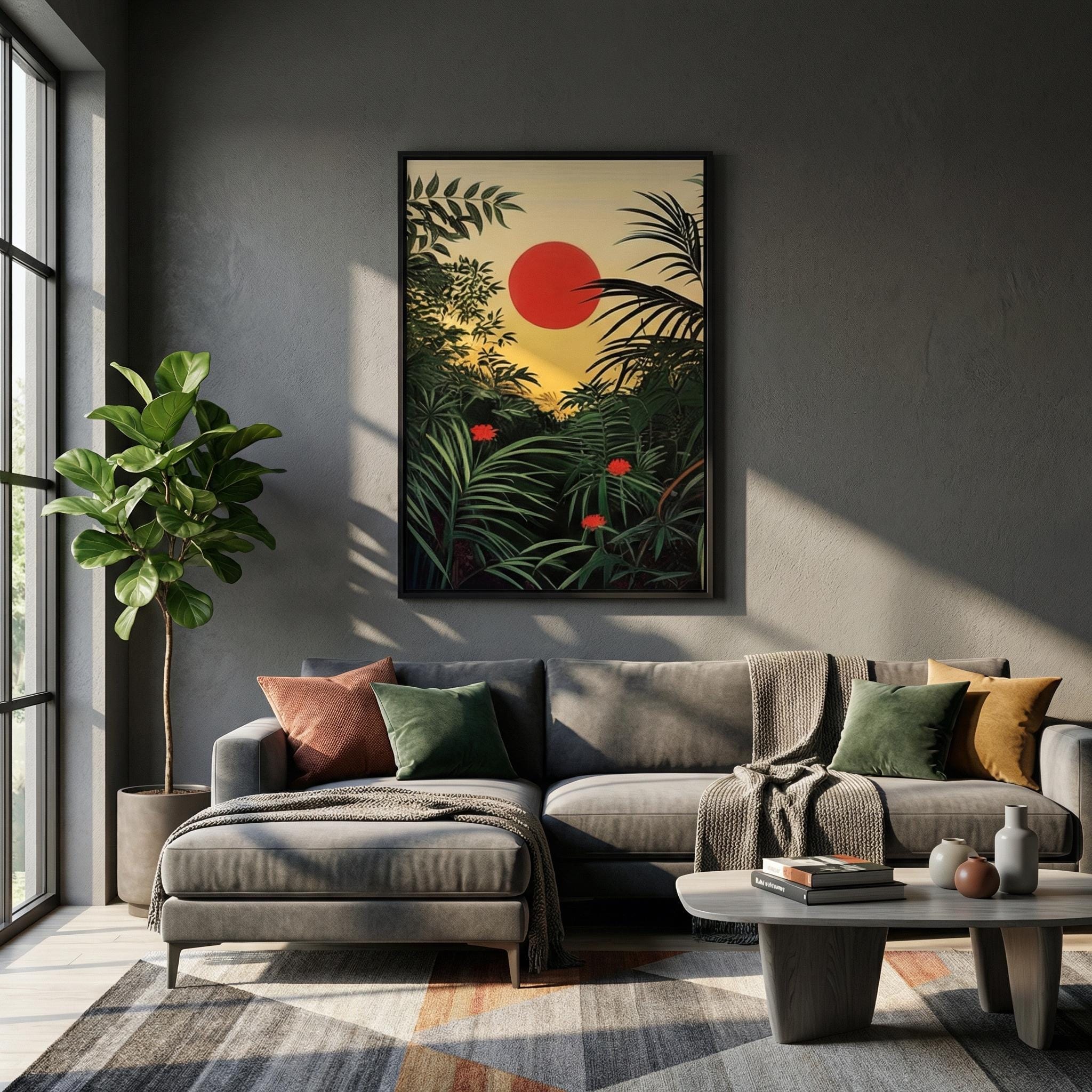 Tropical Forest Wall Art: Henri Rousseau Inspired Red Sun Sunrise