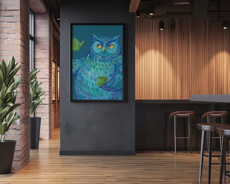 Funny Blue Owl Art Print: Whimsical Tea Time Kitchen Decor
