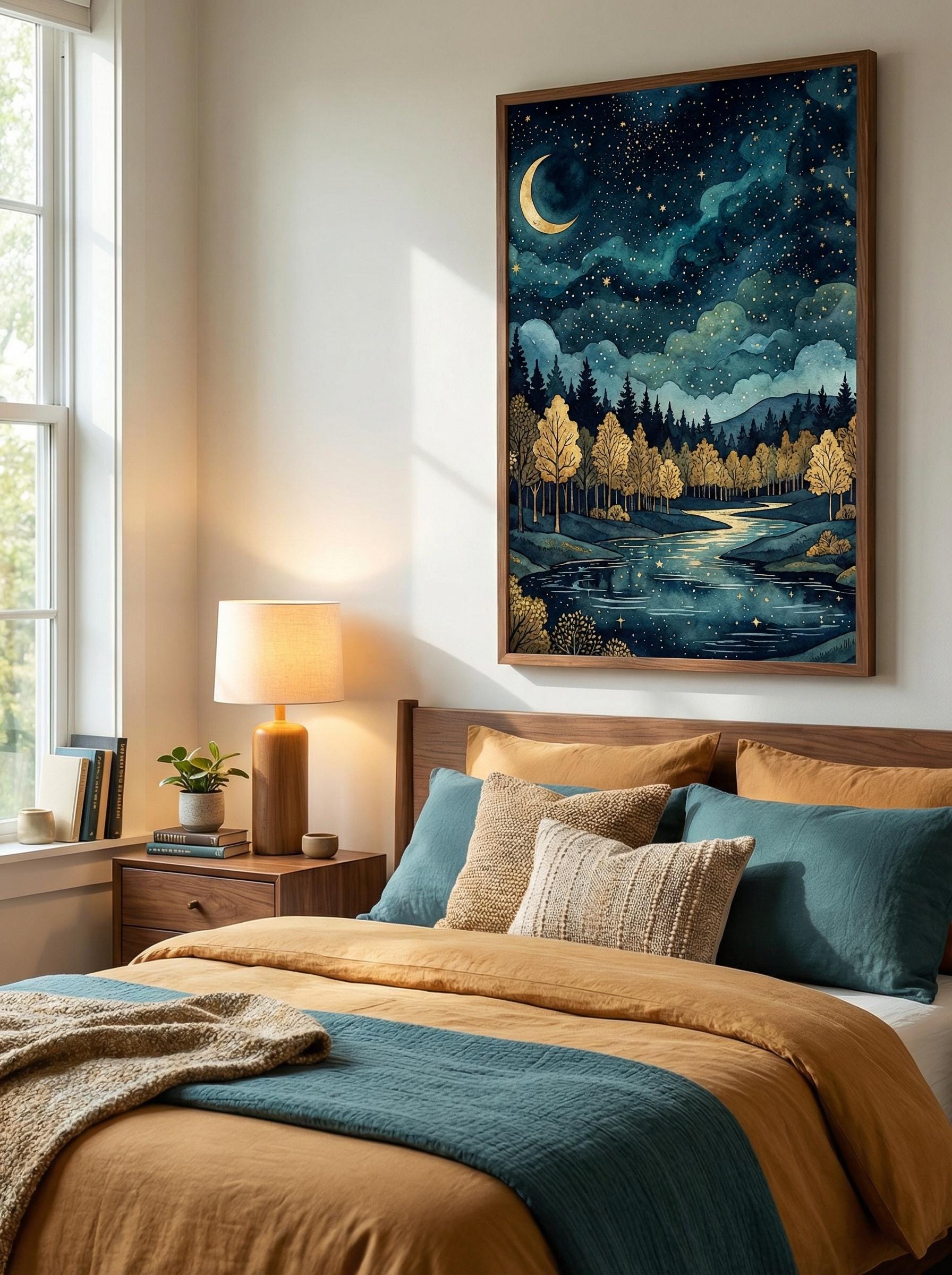 Wall Art Print: Golden Moon and Stars - Blue Abstract Design