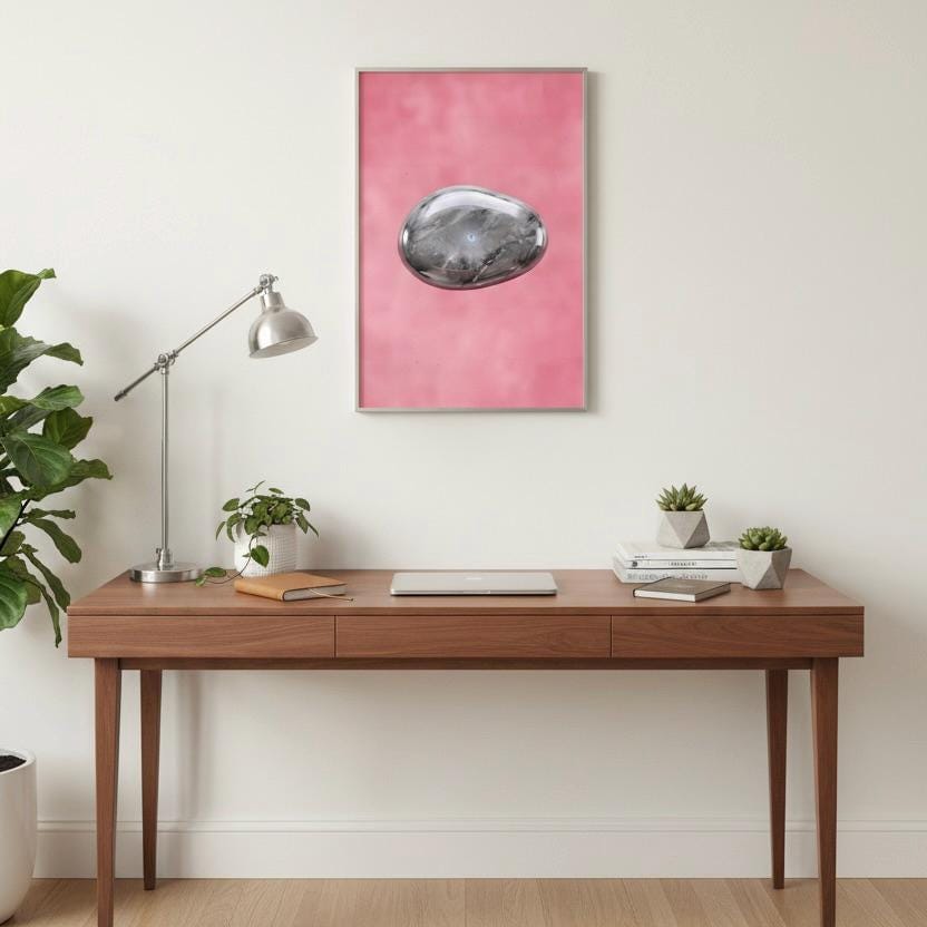 a wooden desk with a laptop, a lamp, and a plant, set against a pink background with a framed image of a rock or stone.