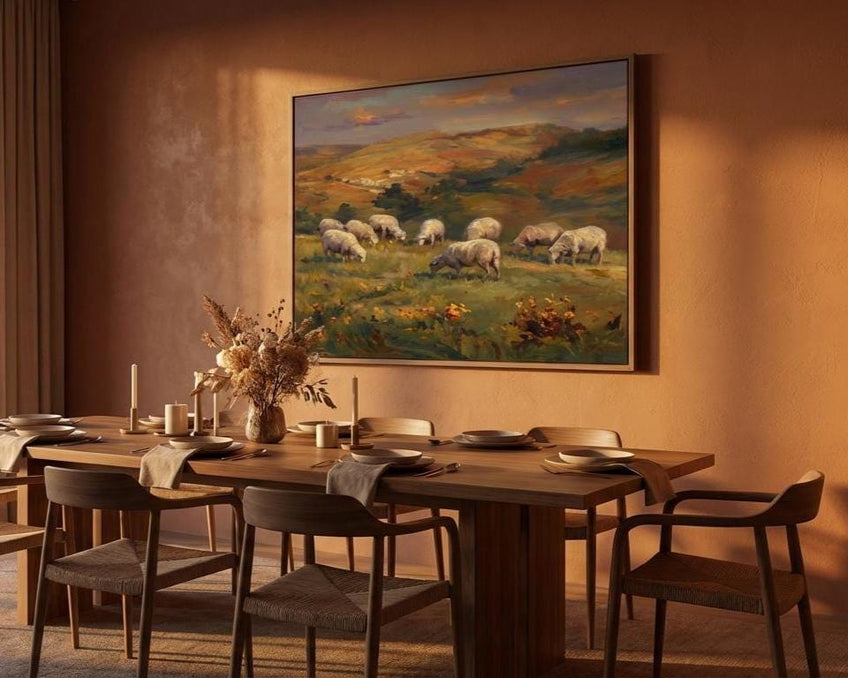 Rustic Sheep Art Print - Golden Hour Pasture | Farmhouse Wall Decor
