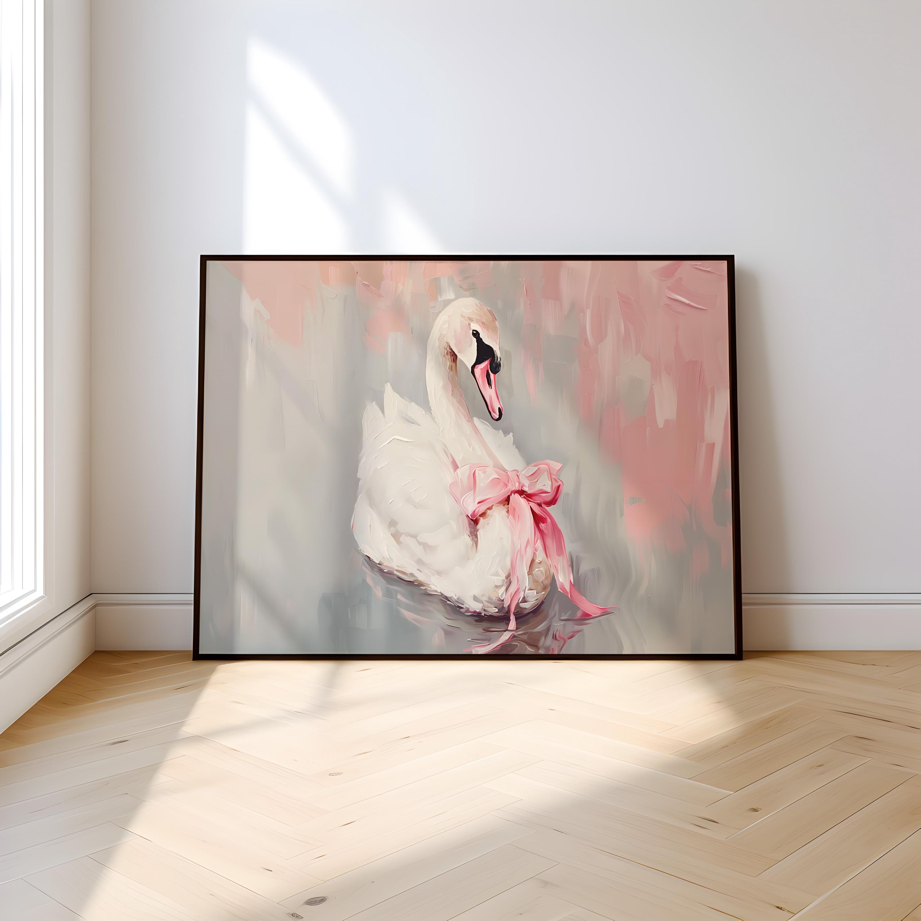 Ballerina Swan Art Print: Elegant Pink Bow, Soft Pastel Wall Decor