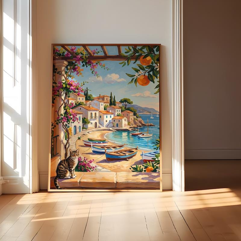 Italian Coastal Wall Art: Mediterranean View with Cat - Vibrant Colors