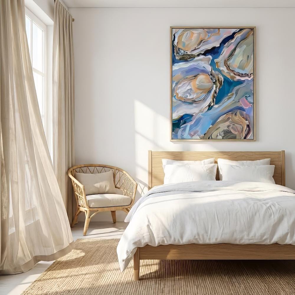 Oyster Delight Coastal Painting, Vibrant Blue (Canvas or Matte Print)